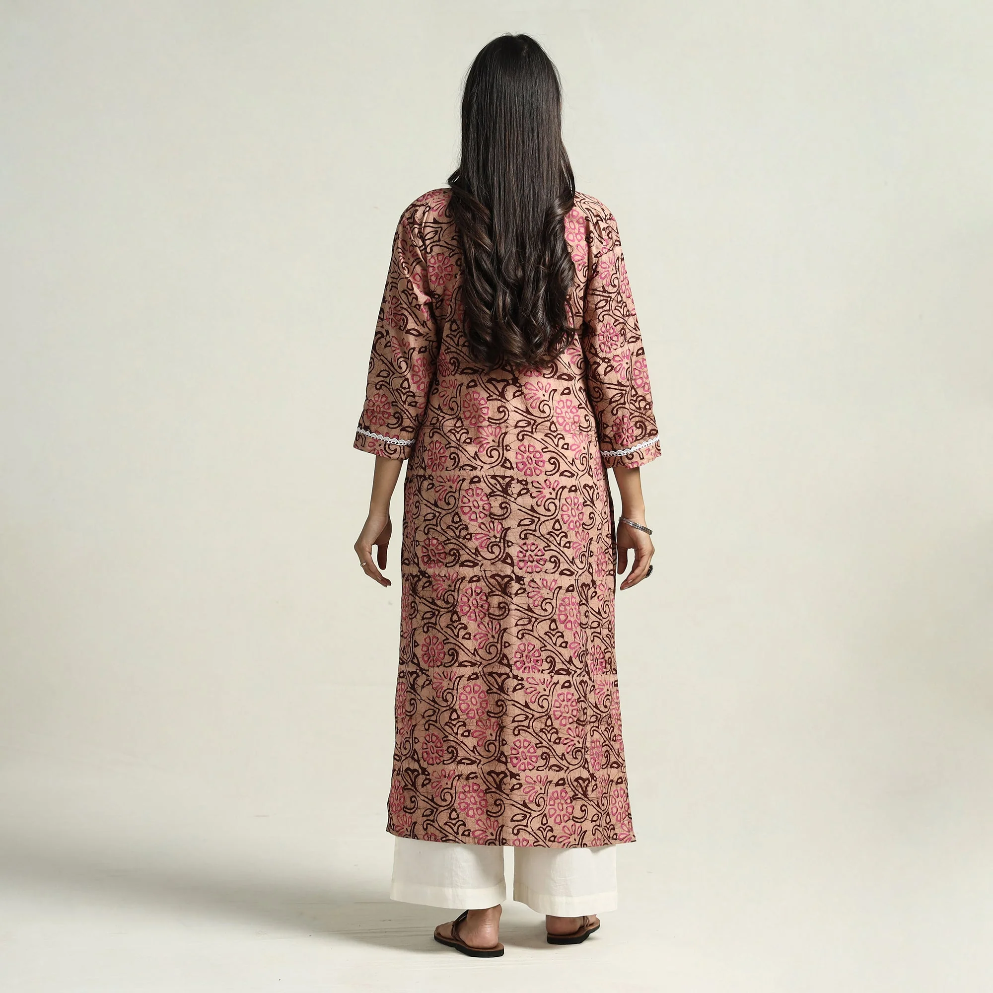 Peach - Hand Batik Printed Cotton Straight Kurta with Lace Work - Image 7