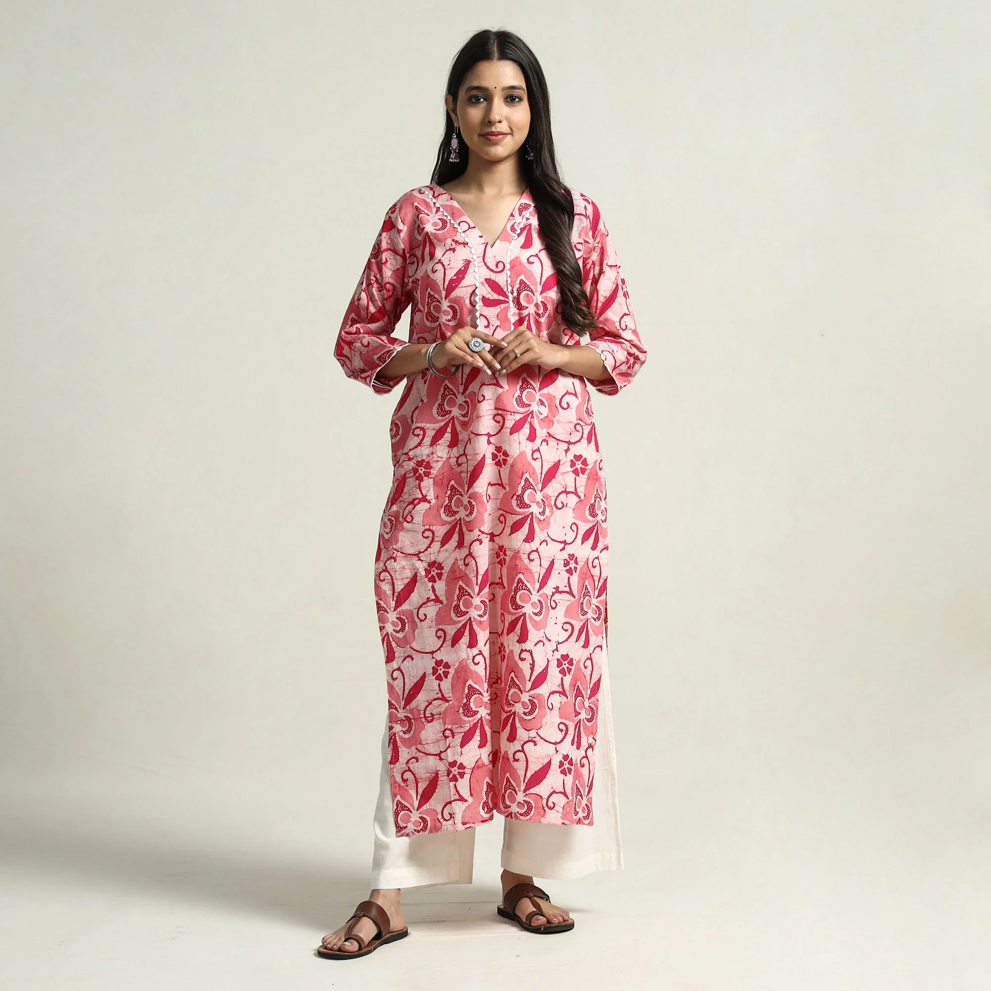 Pink - Hand Batik Printed Cotton Straight Kurta with Lace Work - Image 2