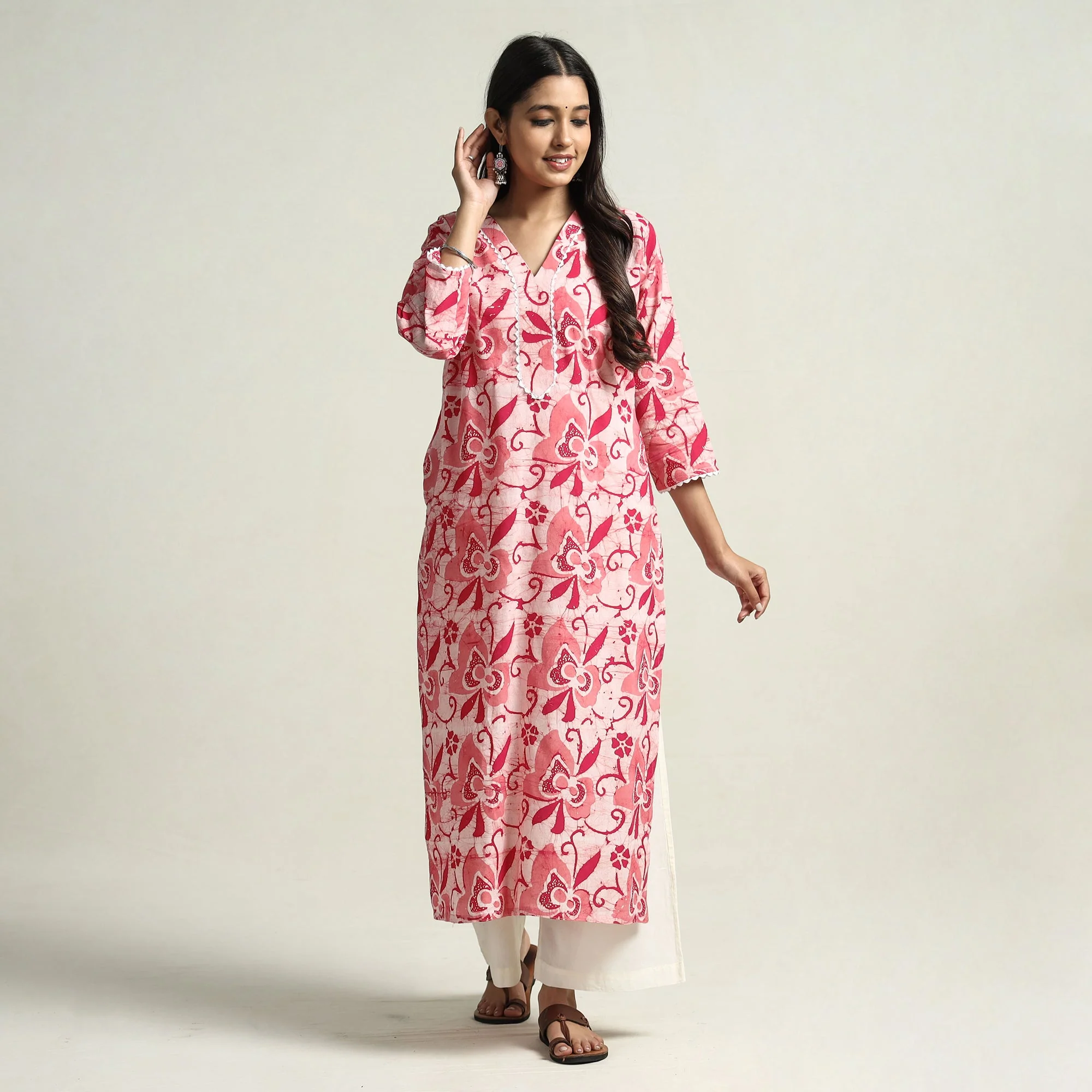 Pink - Hand Batik Printed Cotton Straight Kurta with Lace Work - Image 3