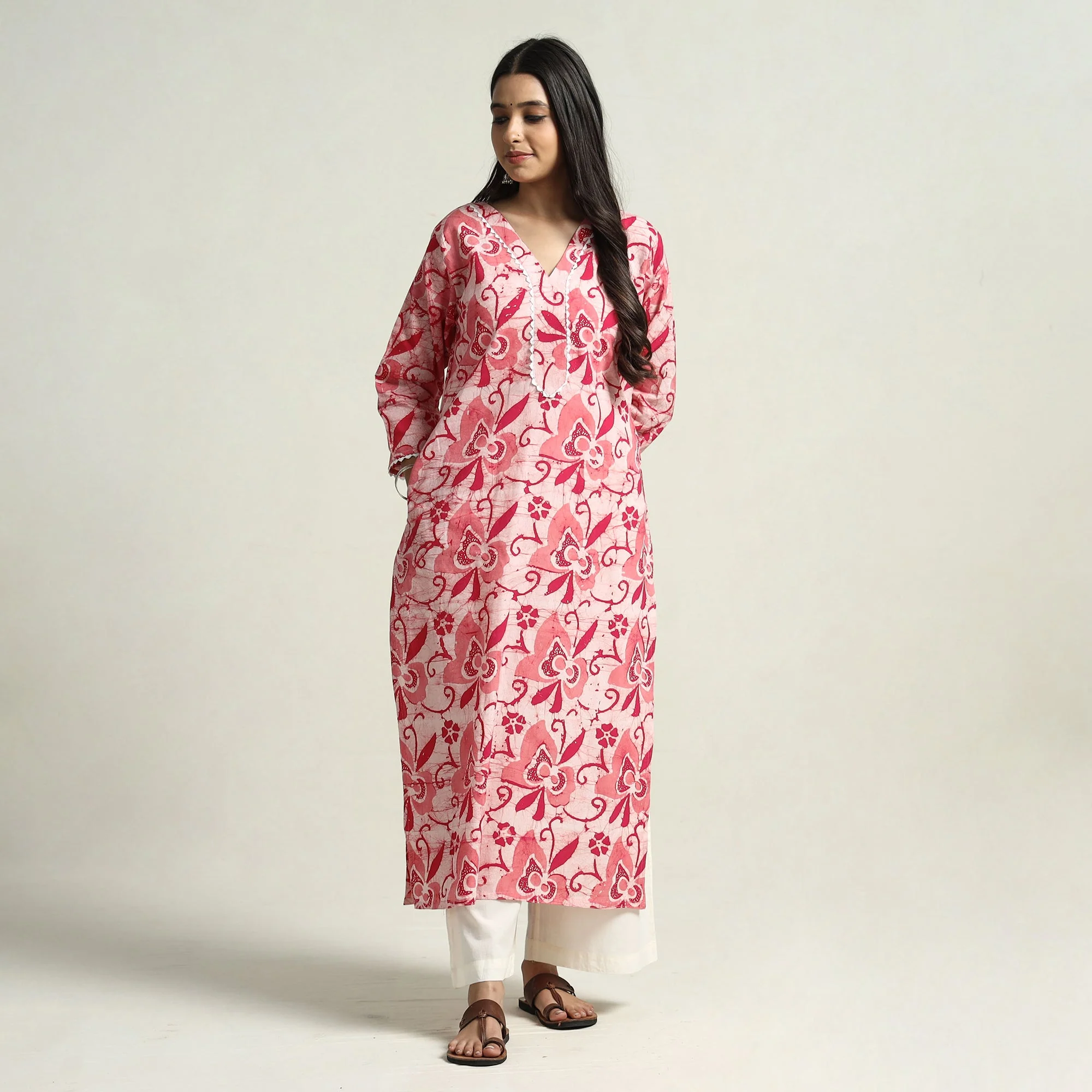 Pink - Hand Batik Printed Cotton Straight Kurta with Lace Work - Image 4