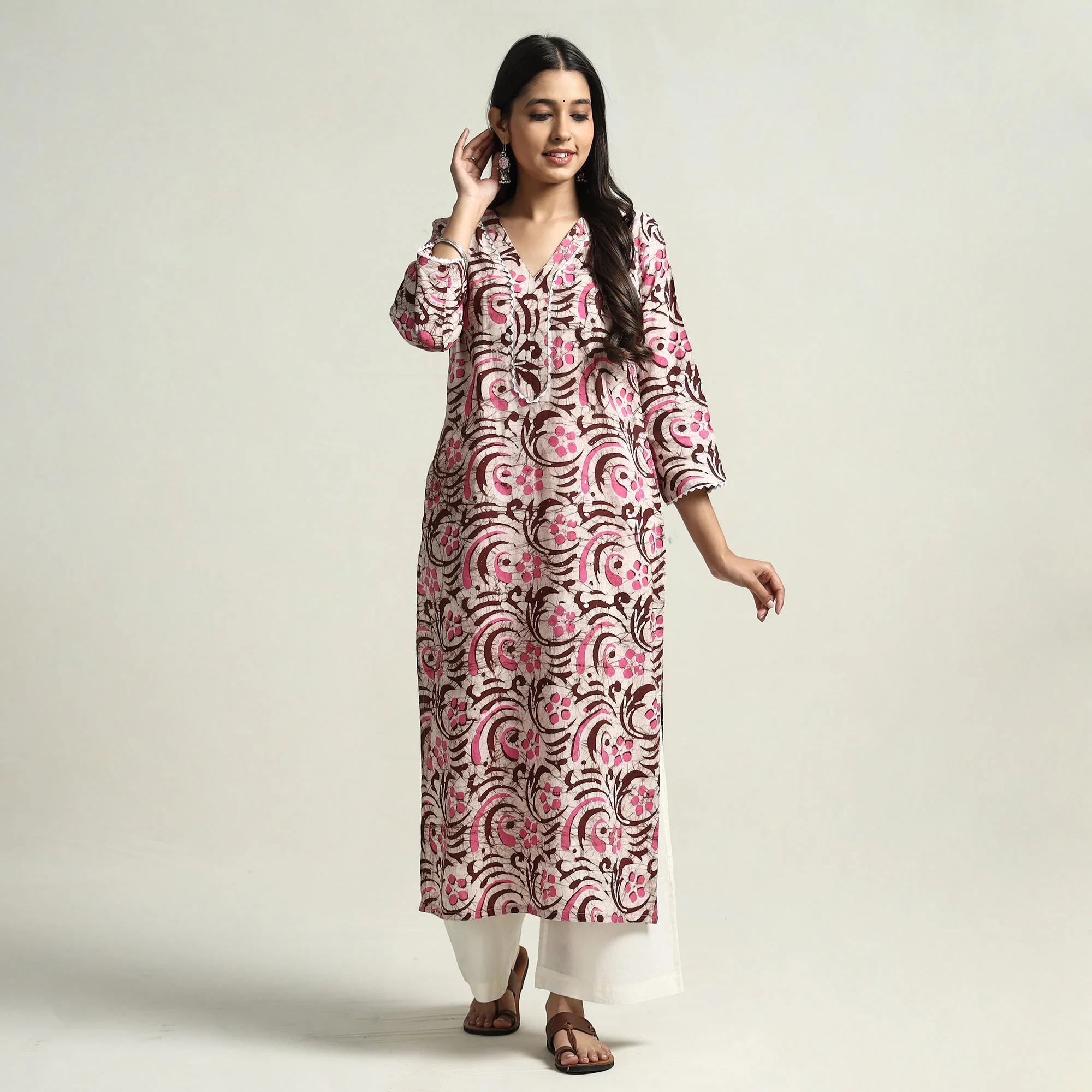 Pink - Hand Batik Printed Cotton Straight Kurta with Lace Work - Image 3