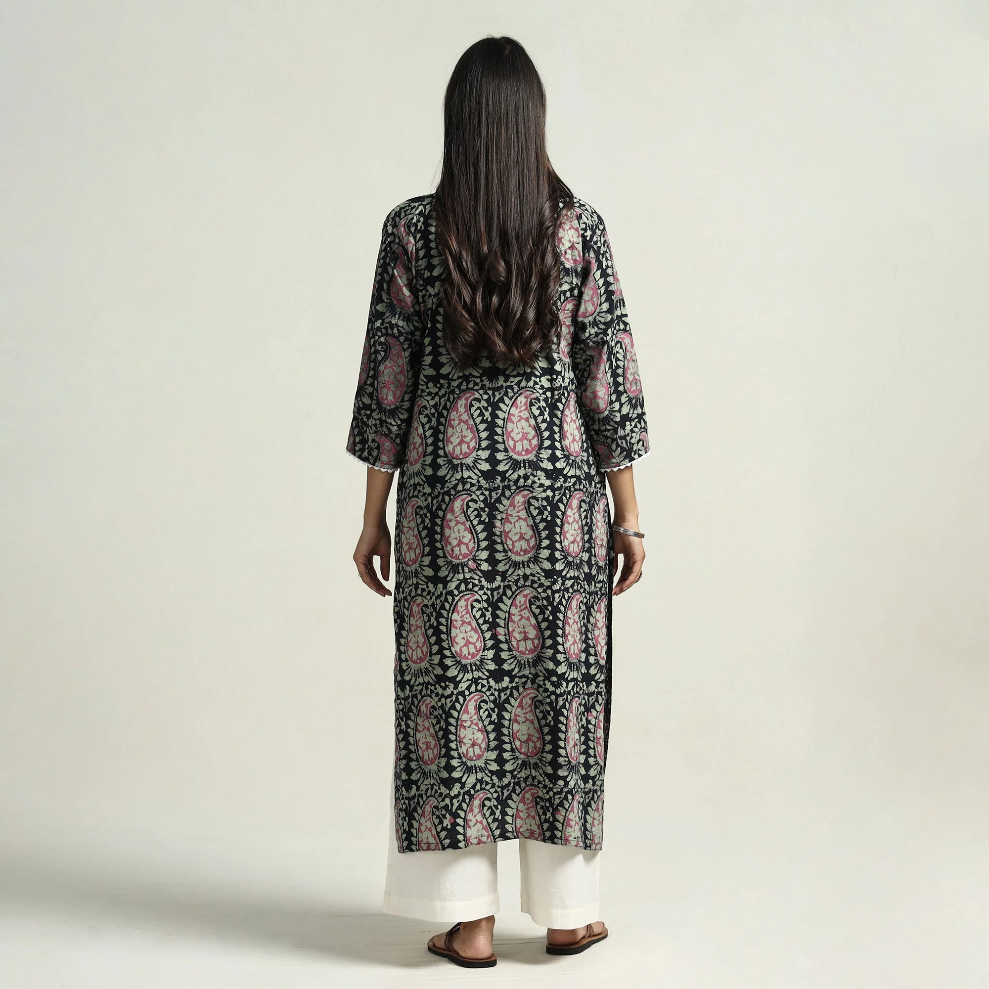 Black - Hand Batik Printed Cotton Straight Kurta with Lace Work - Image 7