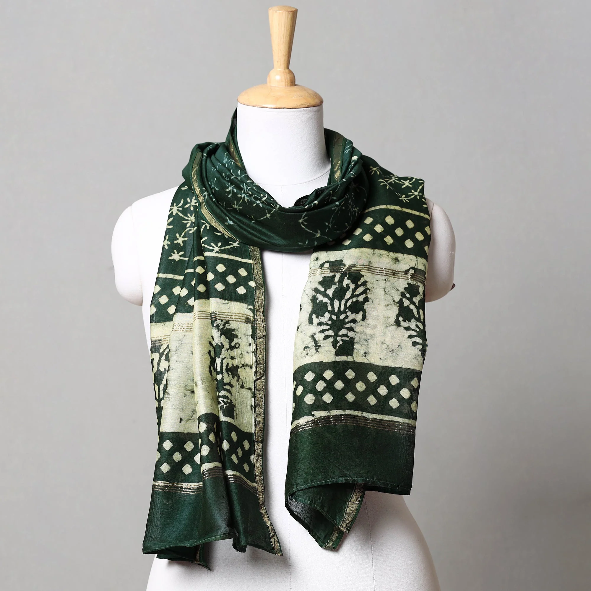 Green - Pipad Block Printed Chanderi Silk Handloom Stole