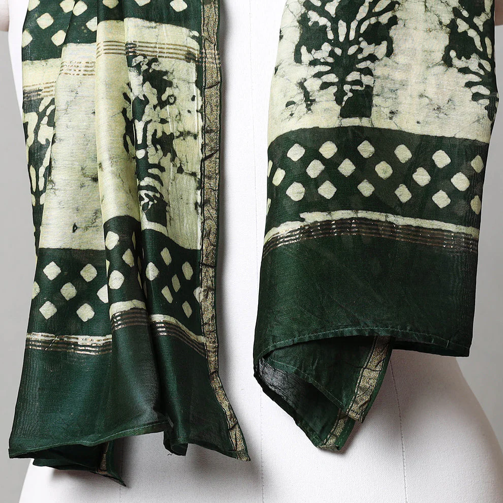 Green - Pipad Block Printed Chanderi Silk Handloom Stole - Image 3