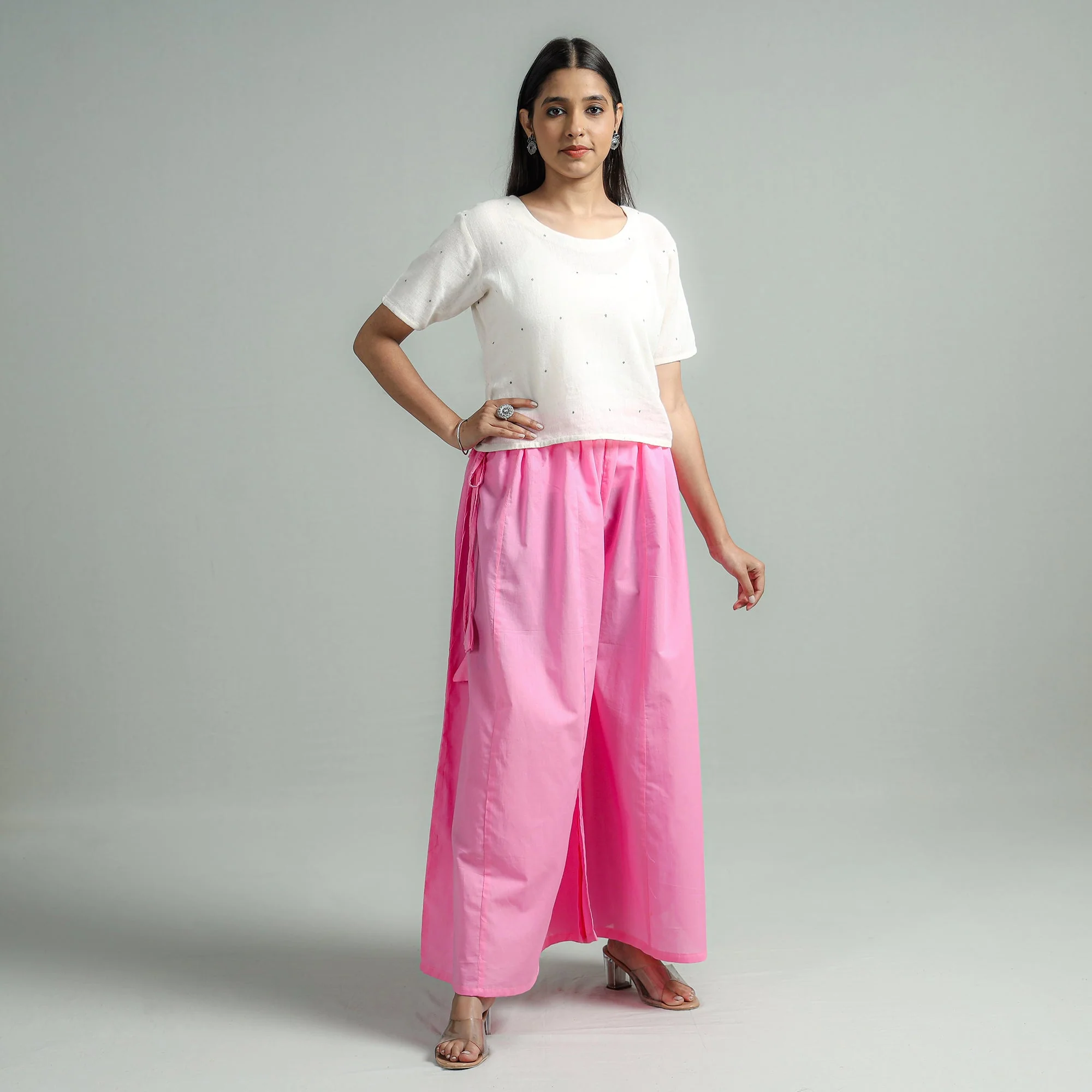 Pink - Plain Dyed Cotton Flared Palazzo