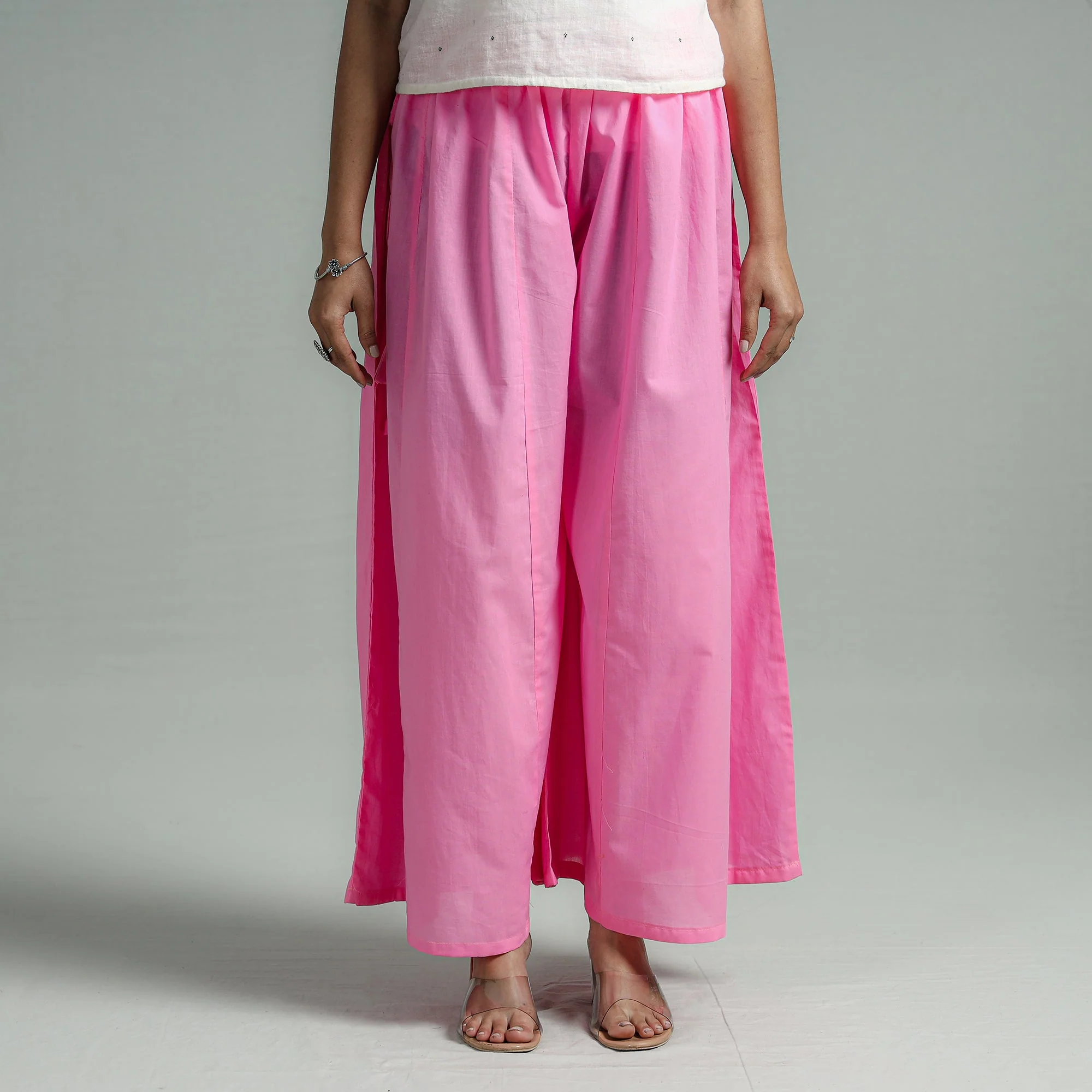 Pink - Plain Dyed Cotton Flared Palazzo - Image 2
