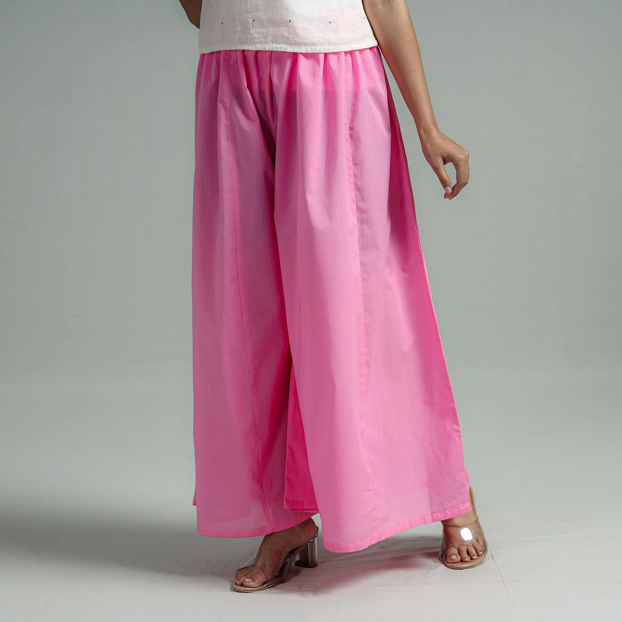 Pink - Plain Dyed Cotton Flared Palazzo - Image 4