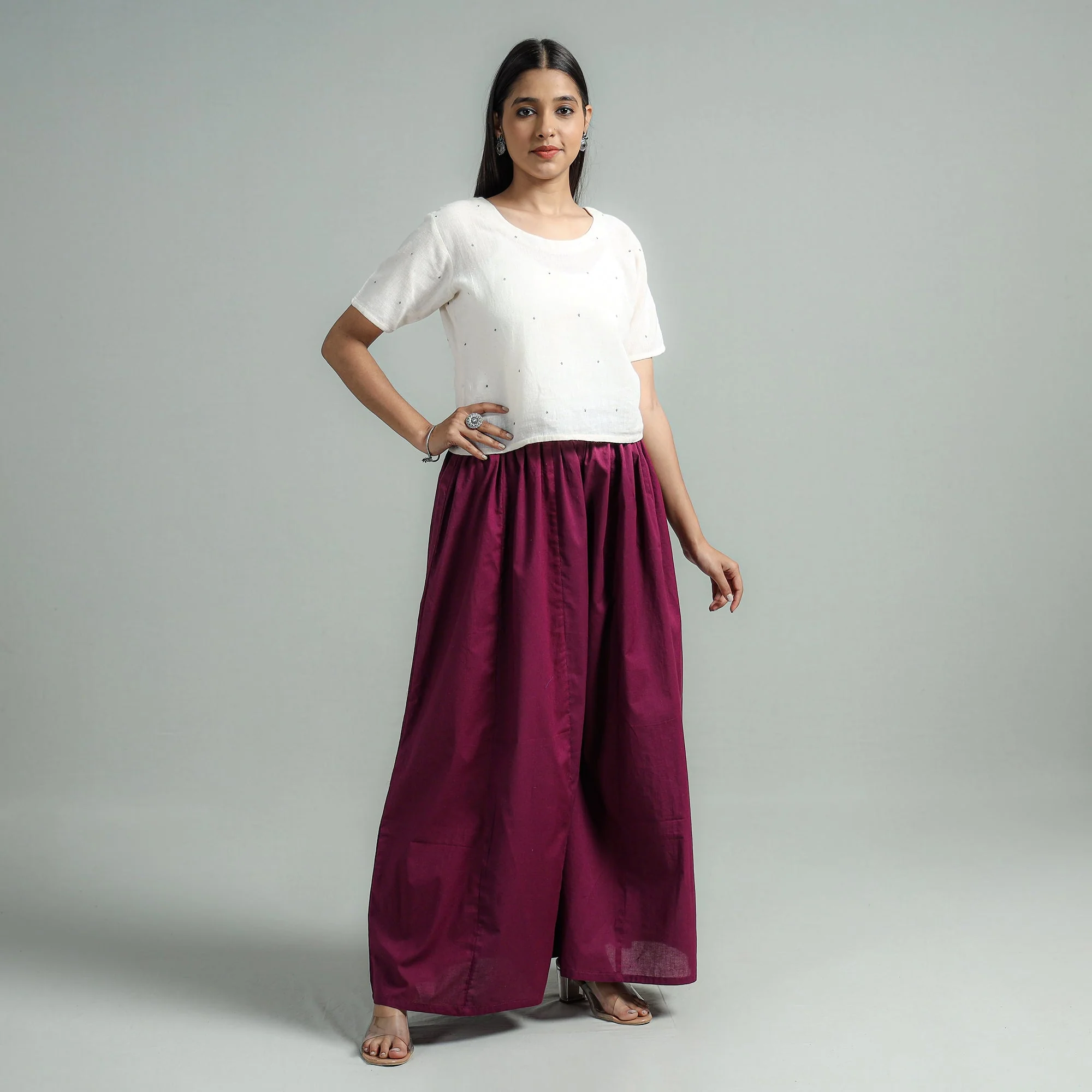 Dark Purple - Plain Dyed Cotton Flared Palazzo