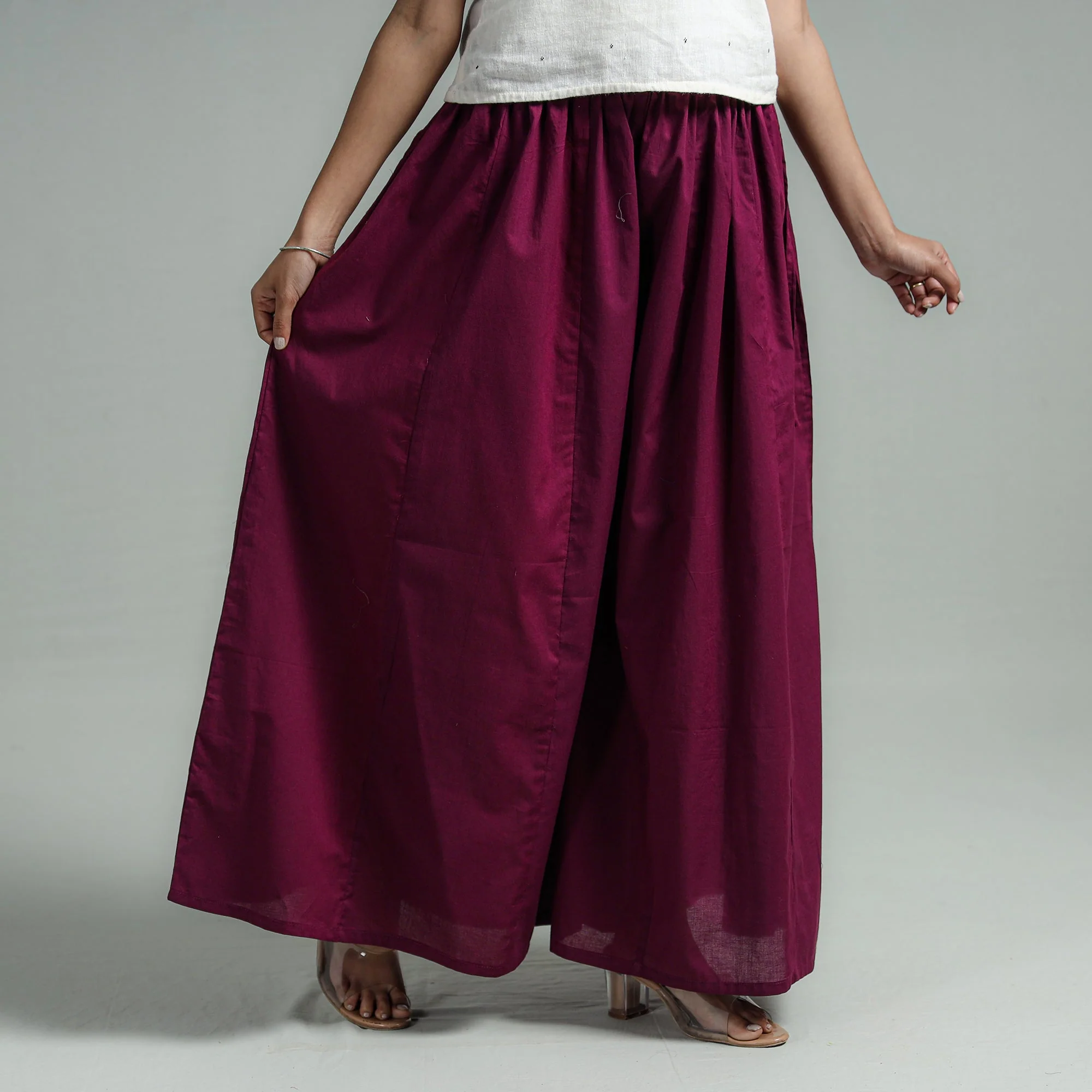 Dark Purple - Plain Dyed Cotton Flared Palazzo - Image 3