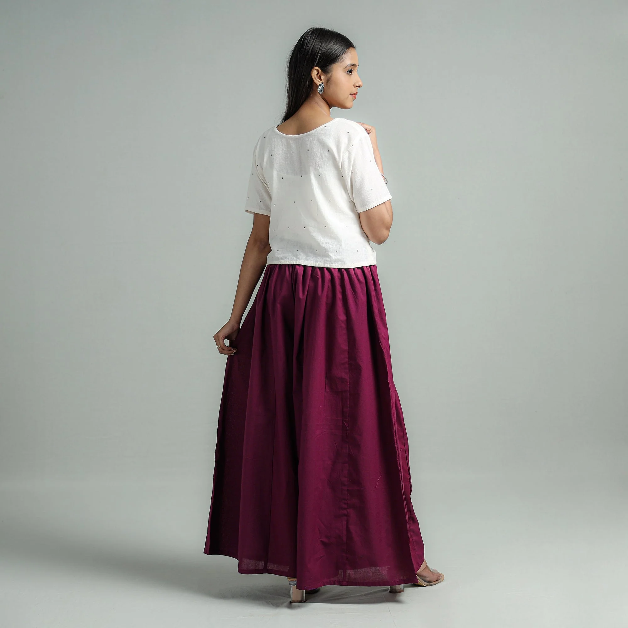 Dark Purple - Plain Dyed Cotton Flared Palazzo - Image 7