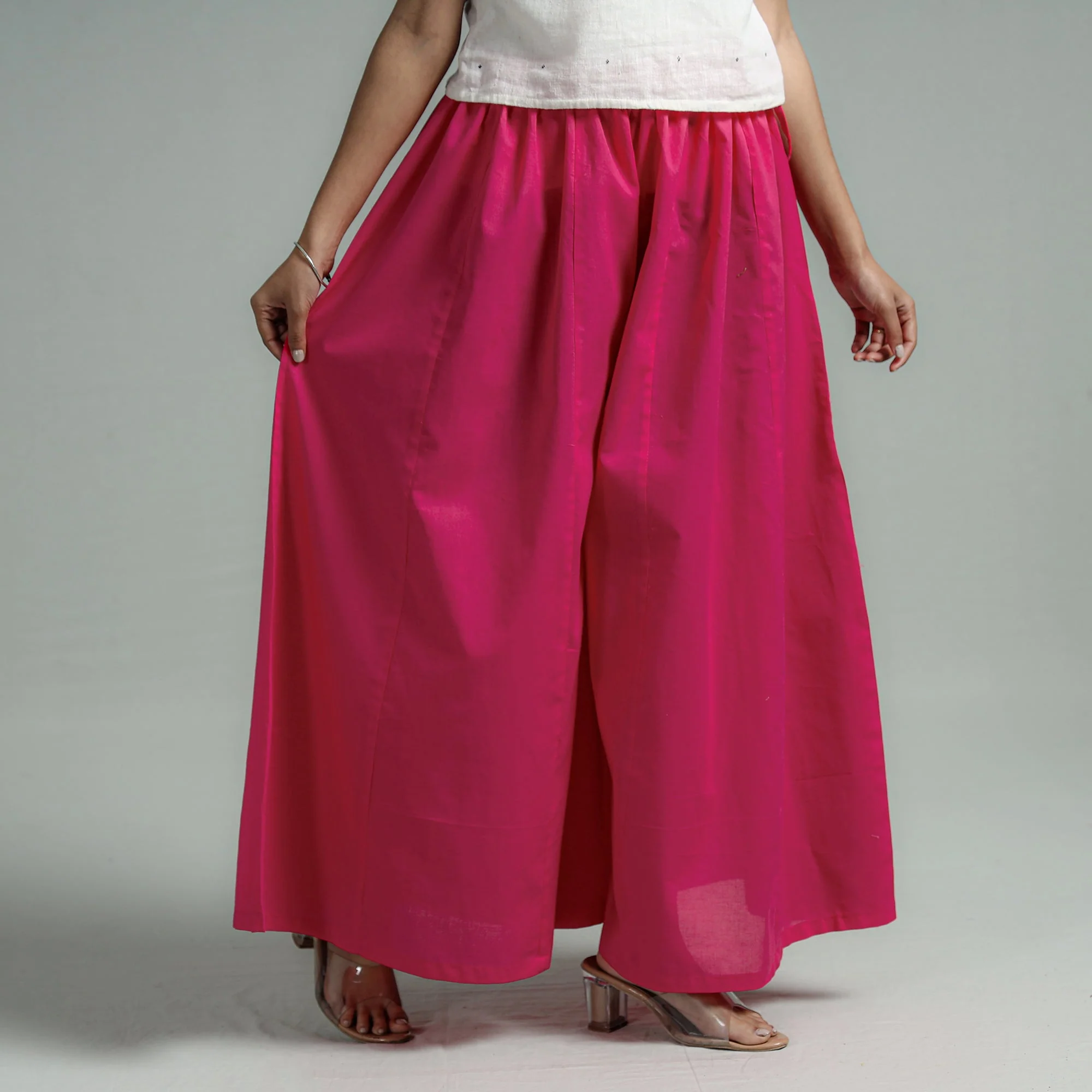 Dark Pink - Plain Dyed Cotton Flared Palazzo - Image 3