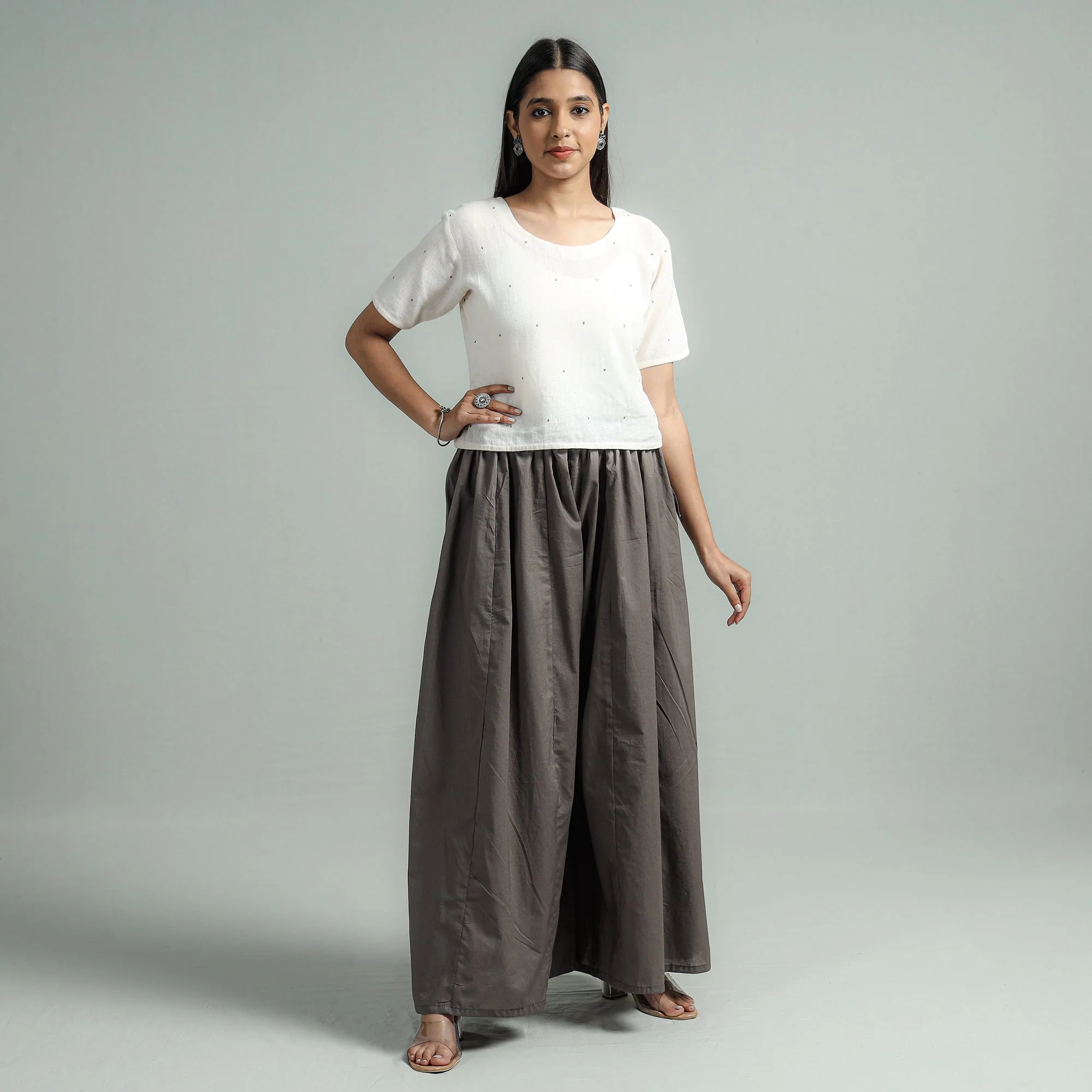 Dark Grey - Plain Dyed Cotton Flared Palazzo