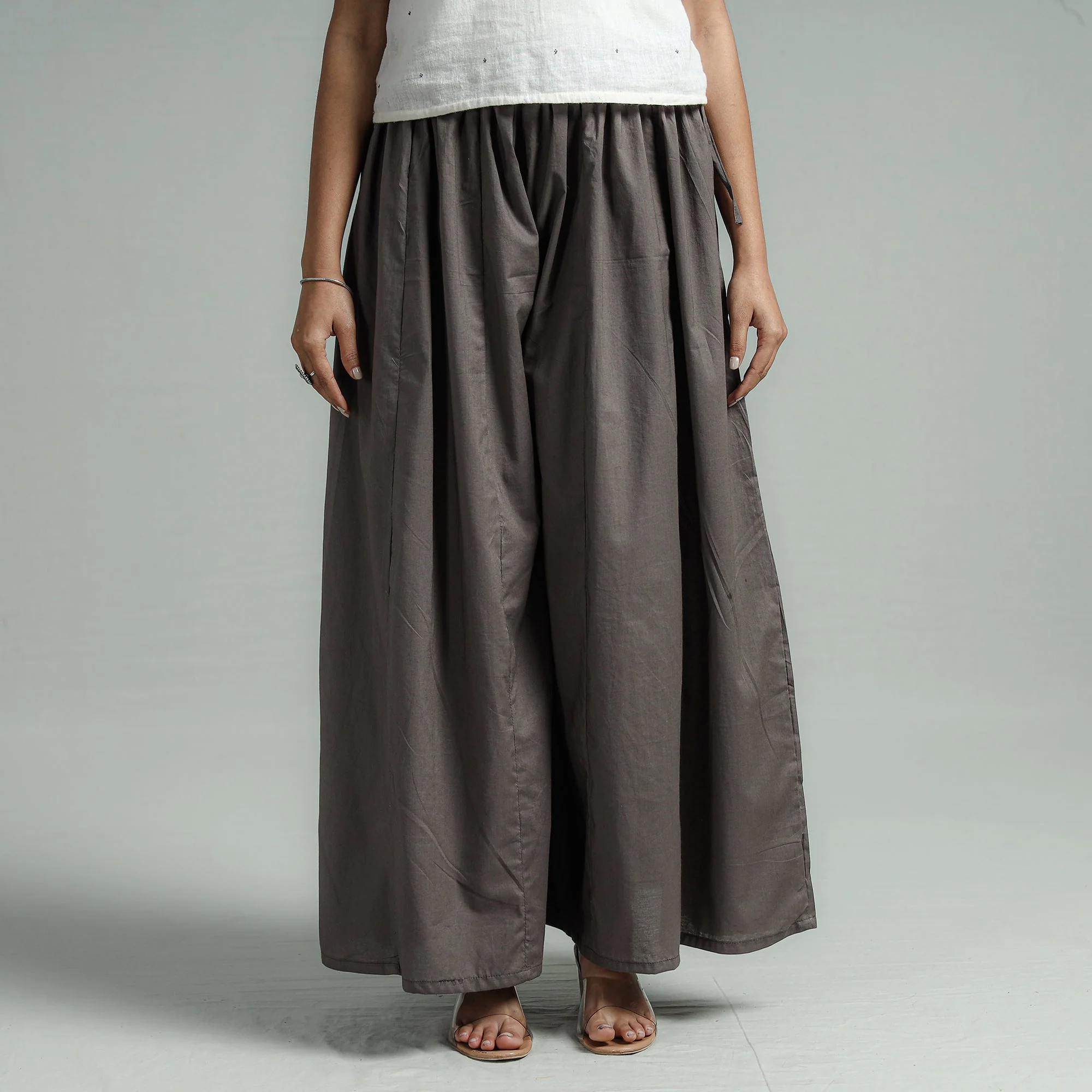 Dark Grey - Plain Dyed Cotton Flared Palazzo - Image 2