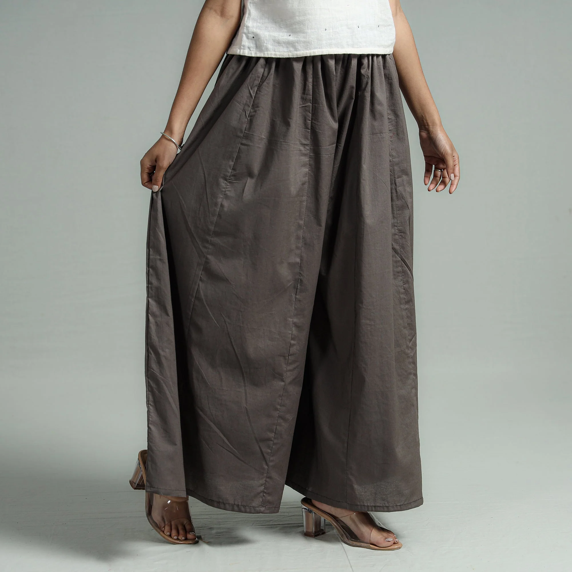 Dark Grey - Plain Dyed Cotton Flared Palazzo - Image 3