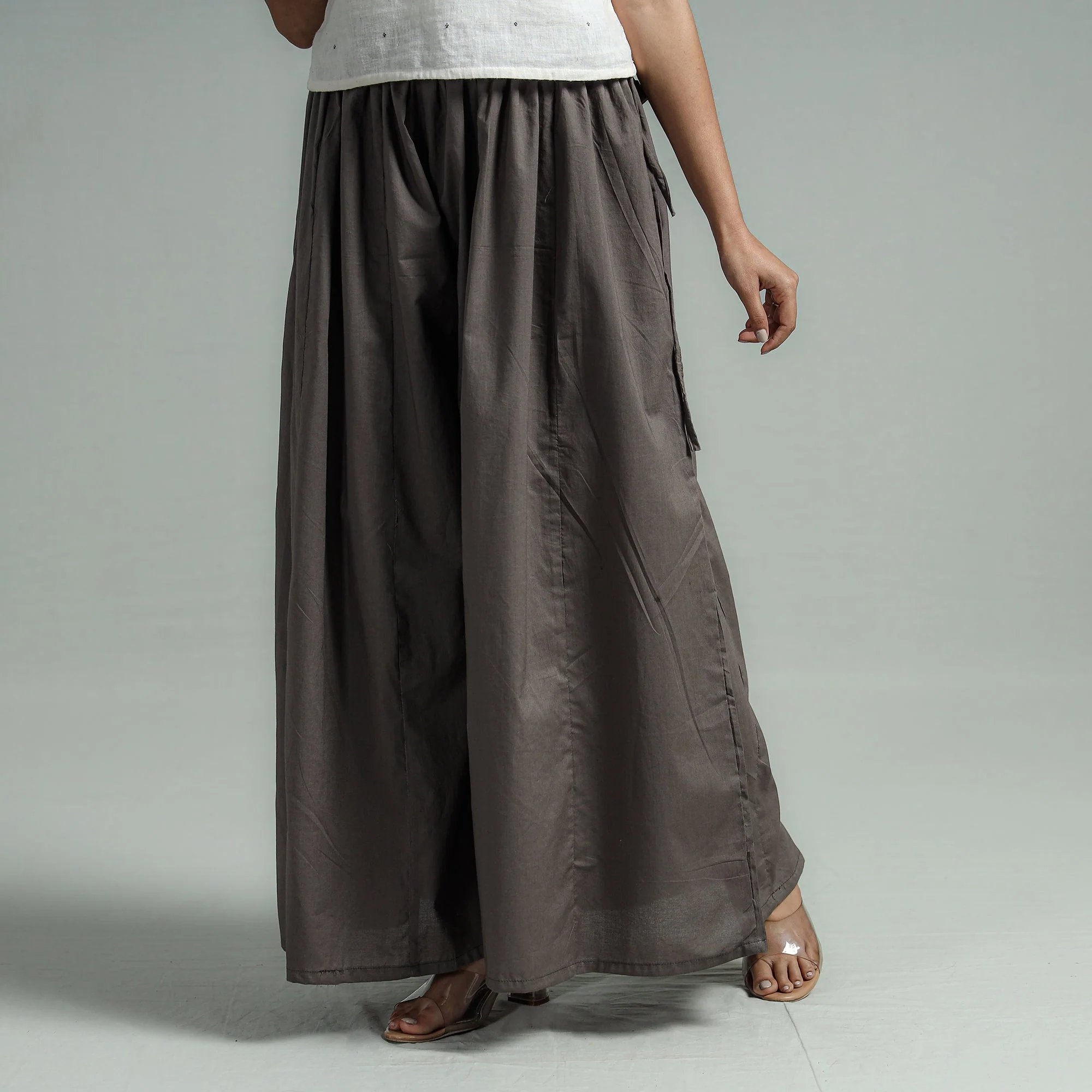 Dark Grey - Plain Dyed Cotton Flared Palazzo - Image 4