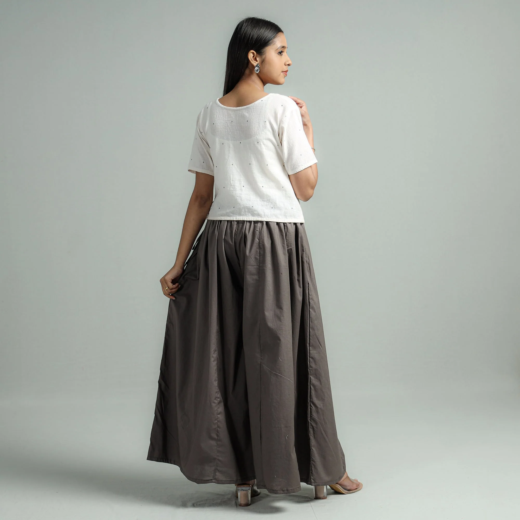 Dark Grey - Plain Dyed Cotton Flared Palazzo - Image 7