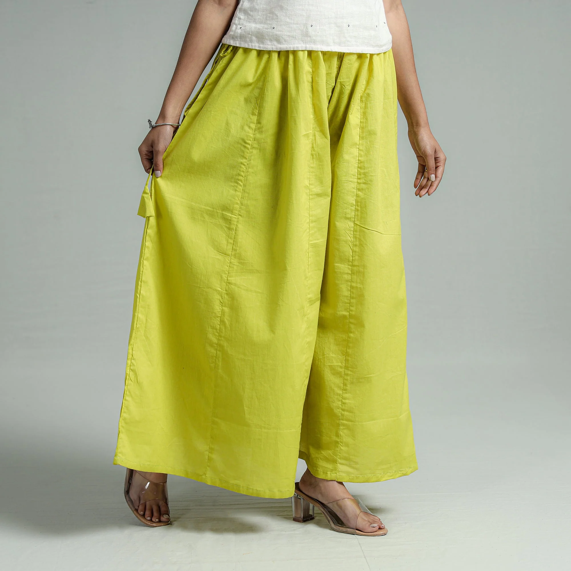 Parrot Green - Plain Dyed Cotton Flared Palazzo - Image 3