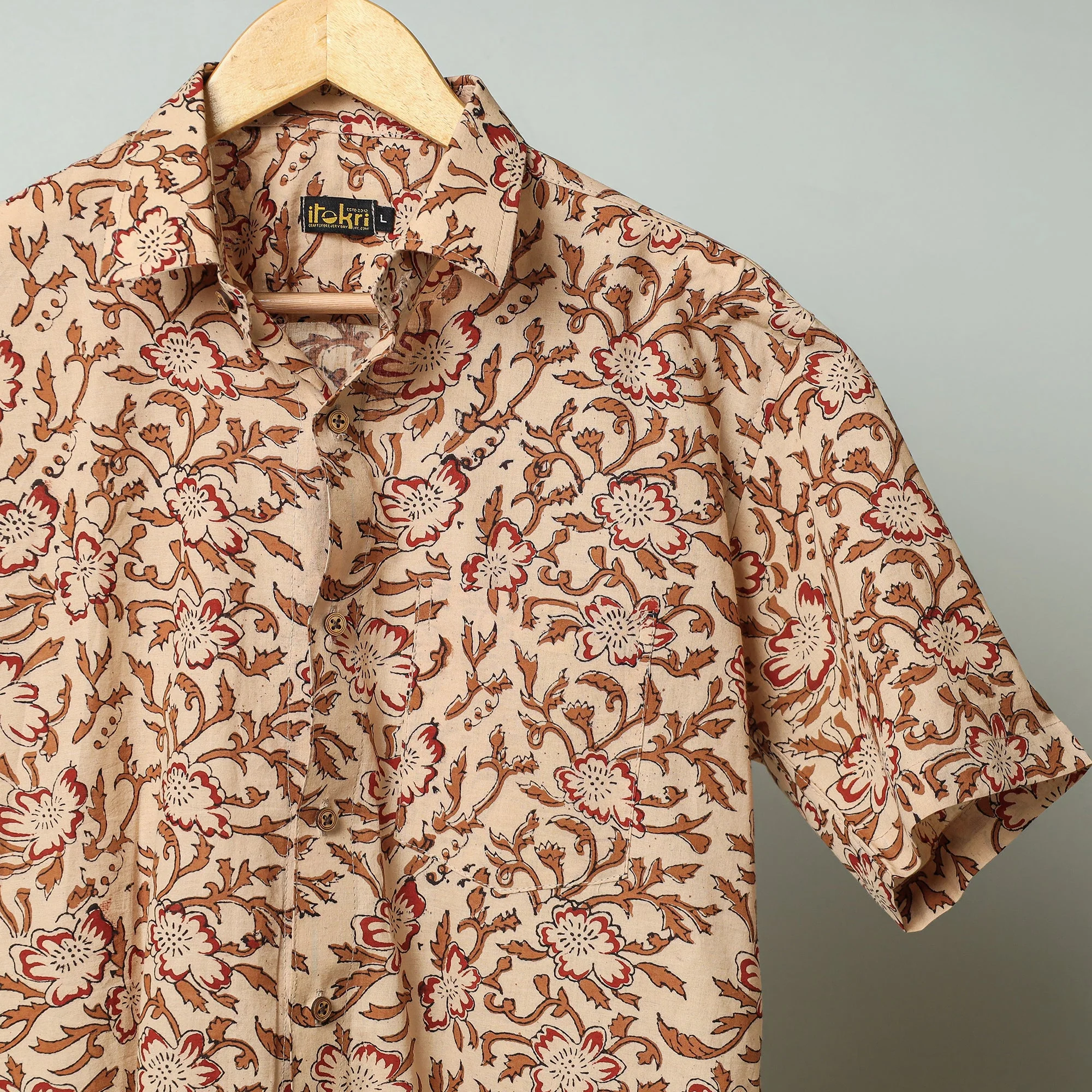 Brown - Sanganeri Block Printed Cotton Men Half Sleeve Shirt - Image 3