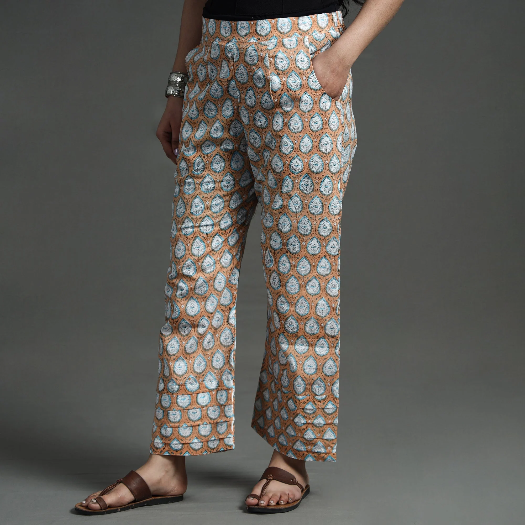 Brown - Sanganeri Block Printed Cotton Elasticated Palazzo - Image 4