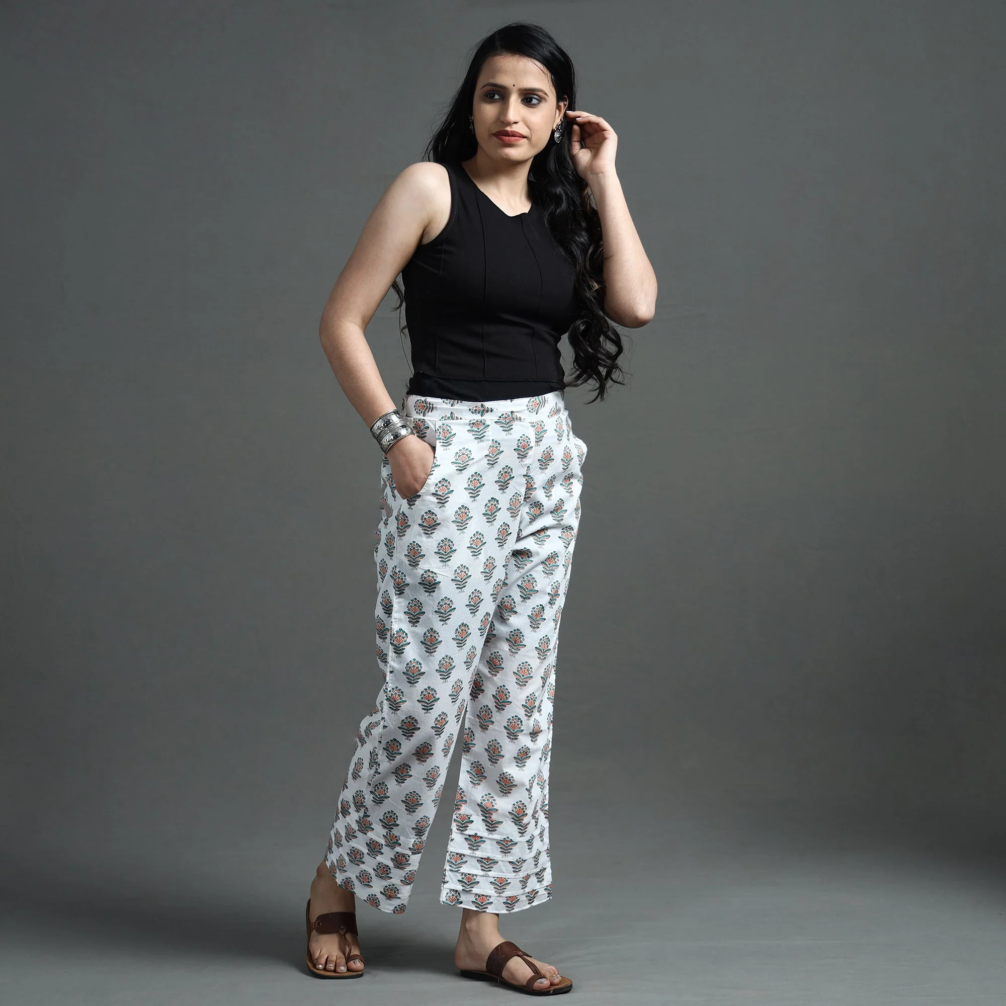 White - Sanganeri Block Printed Cotton Elasticated Palazzo - Image 2