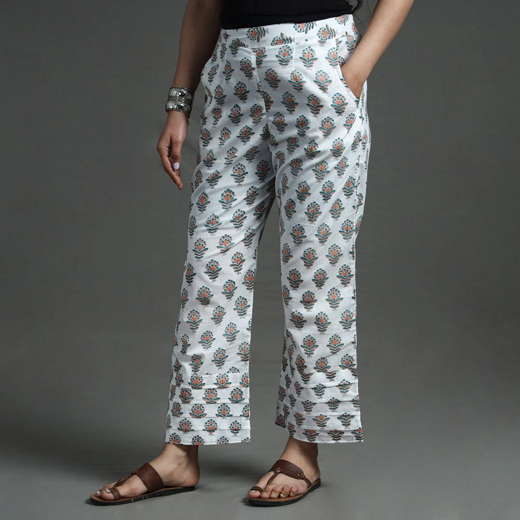 White - Sanganeri Block Printed Cotton Elasticated Palazzo - Image 4