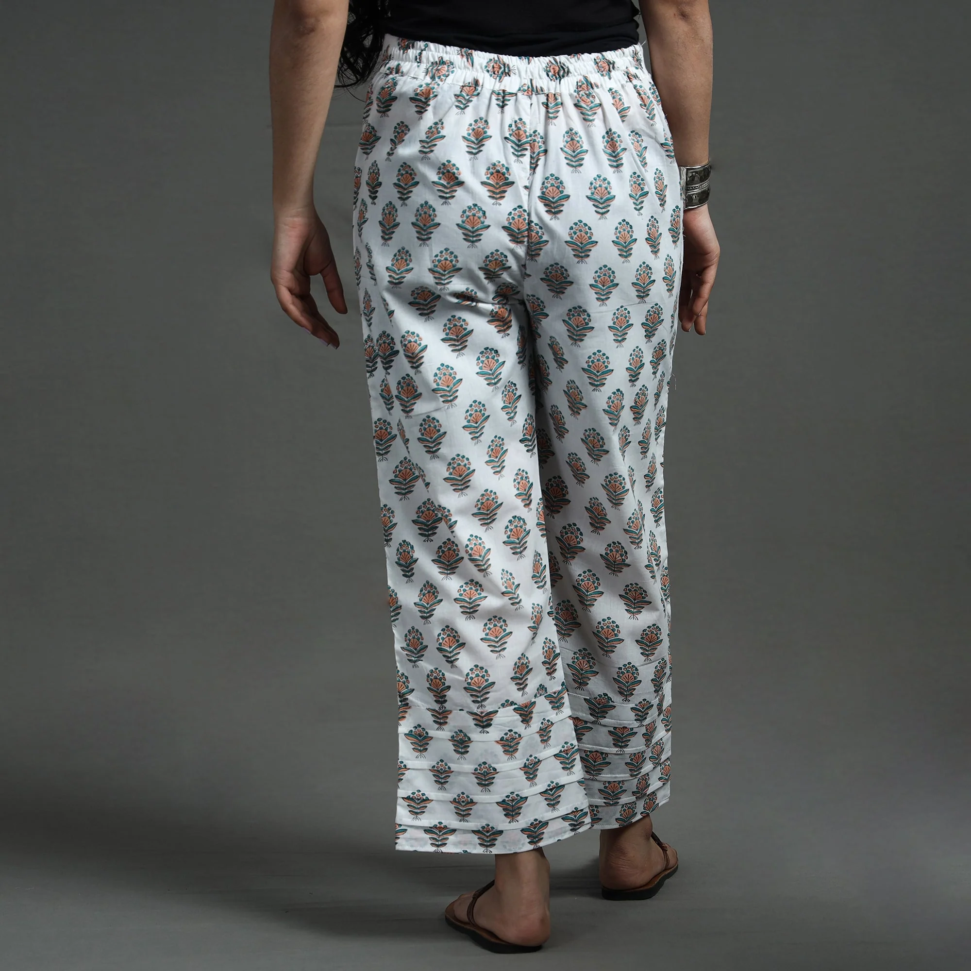 White - Sanganeri Block Printed Cotton Elasticated Palazzo - Image 7