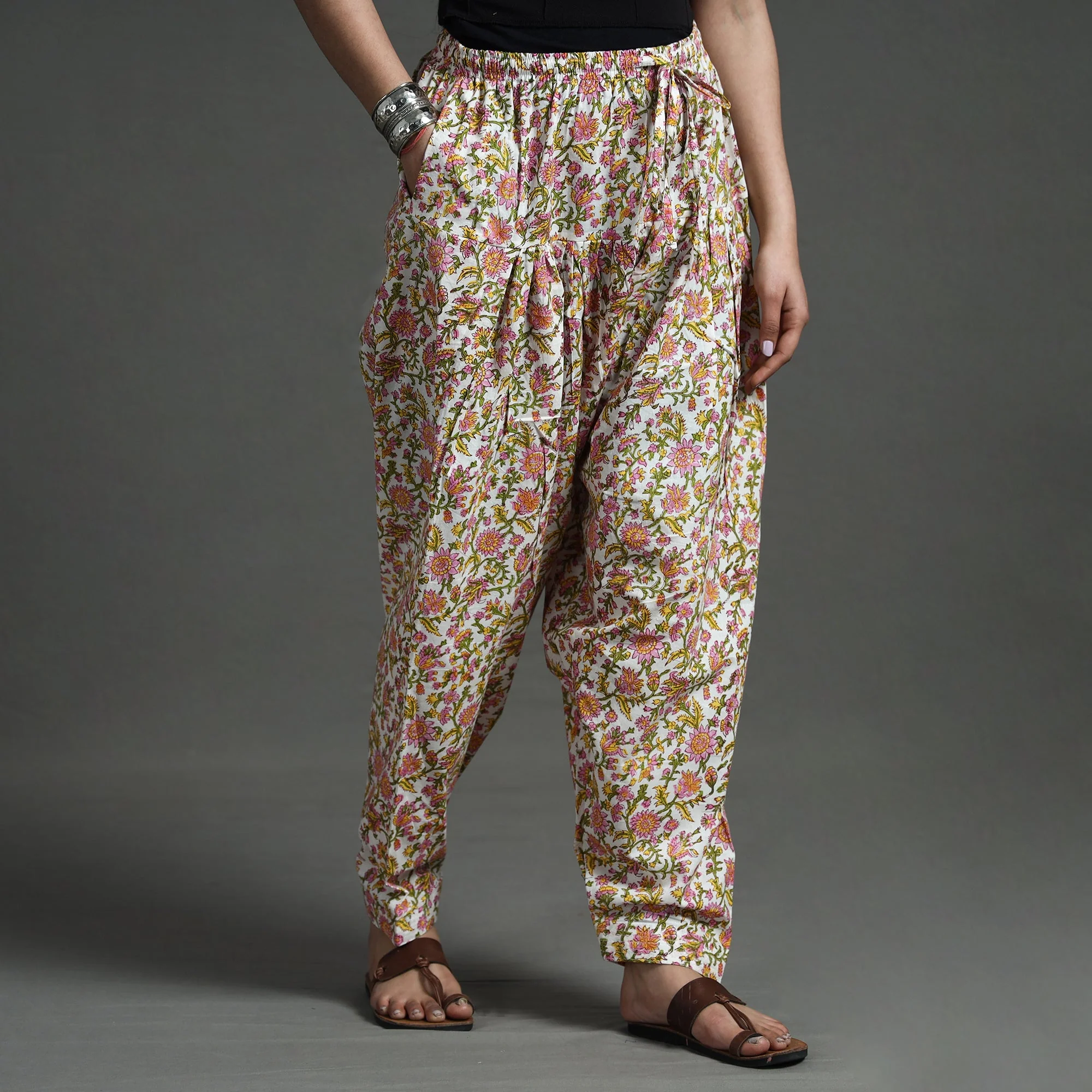 White - Sanganeri Block Printed Cotton Elasticated Salwar