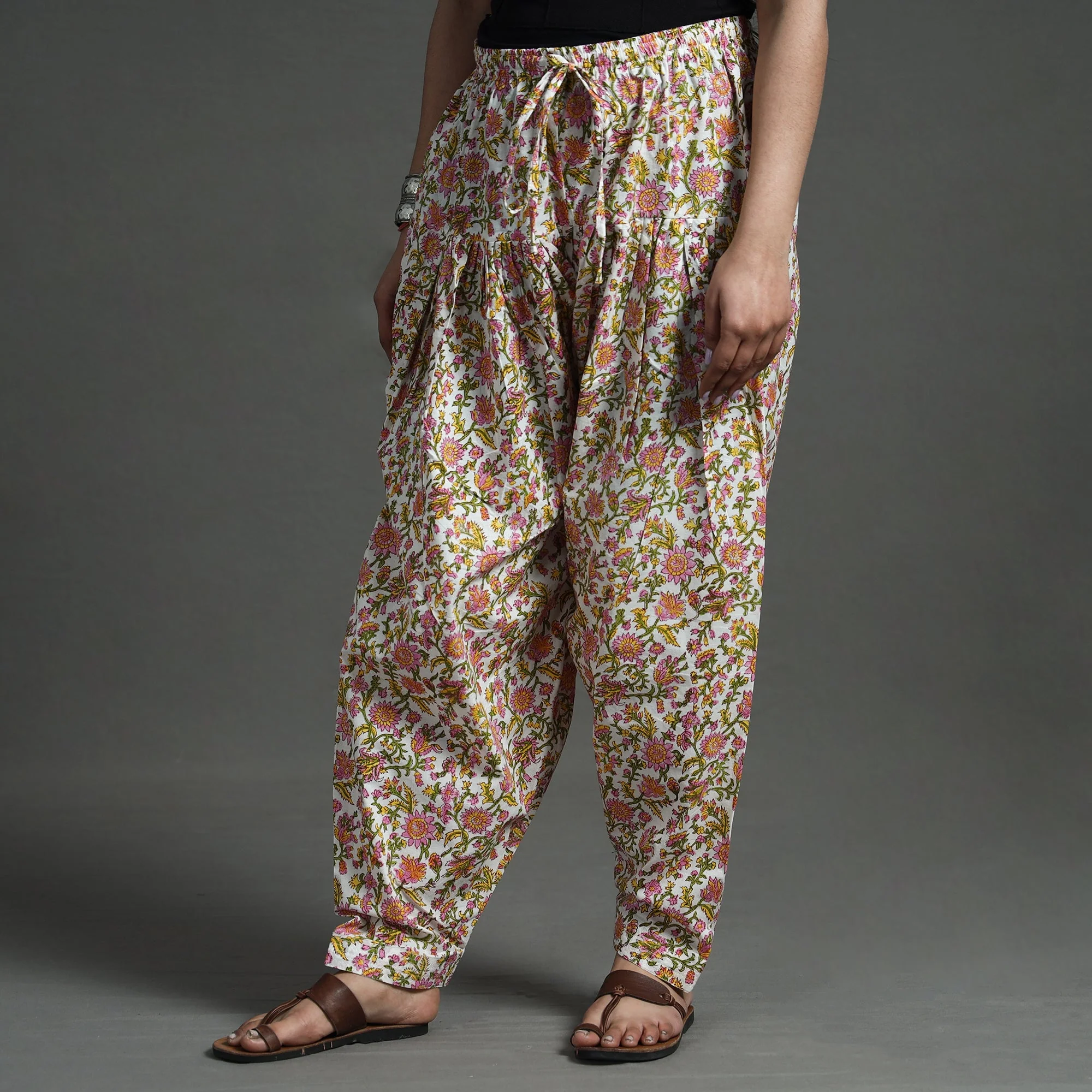 White - Sanganeri Block Printed Cotton Elasticated Salwar - Image 3