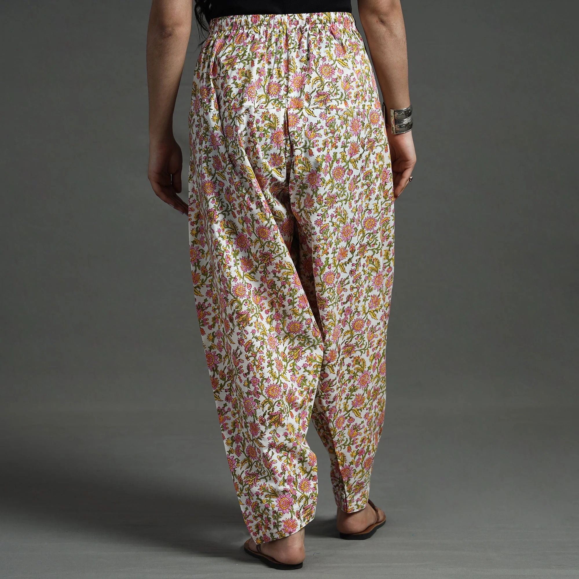 White - Sanganeri Block Printed Cotton Elasticated Salwar - Image 4