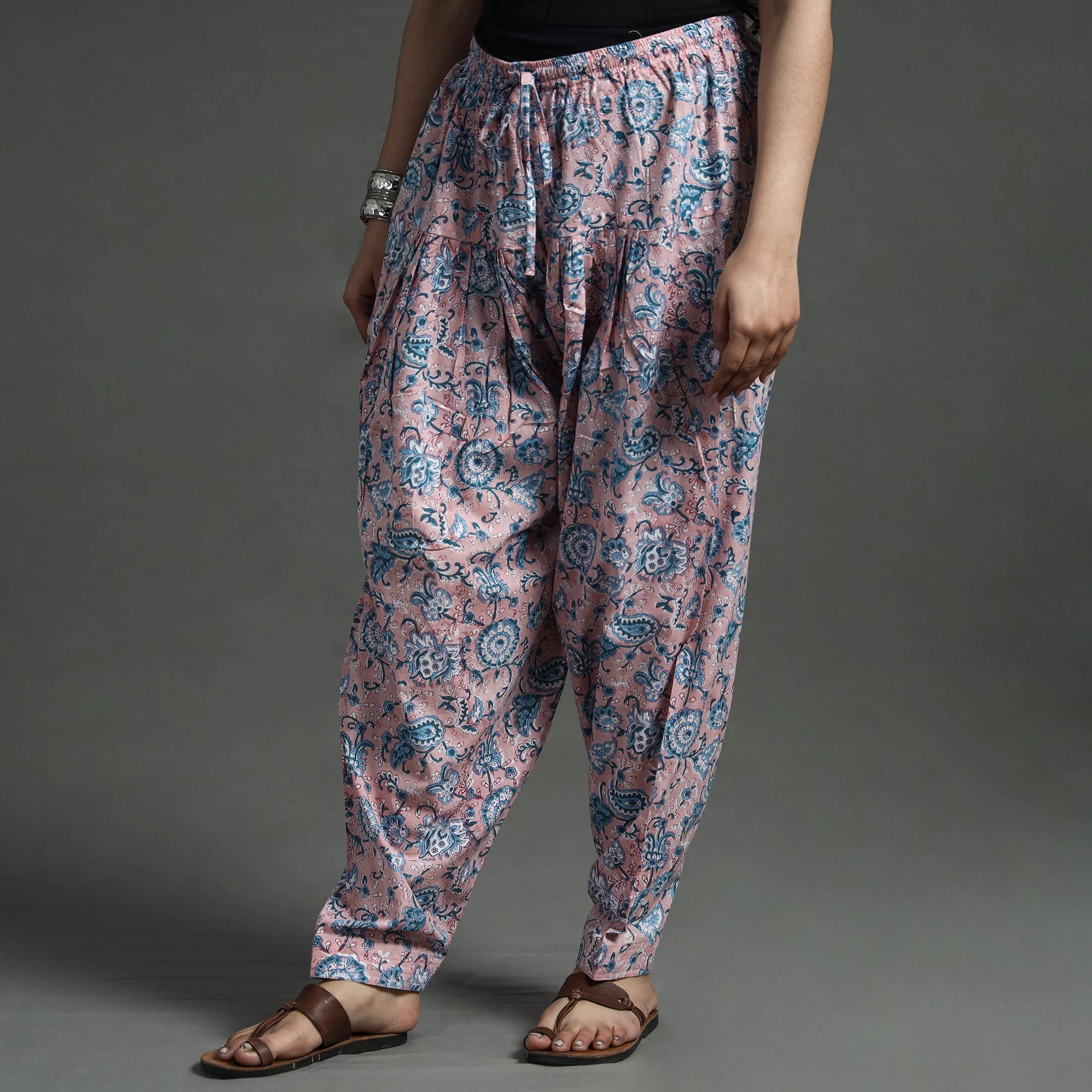 Light Pink - Sanganeri Block Printed Cotton Elasticated Salwar - Image 3