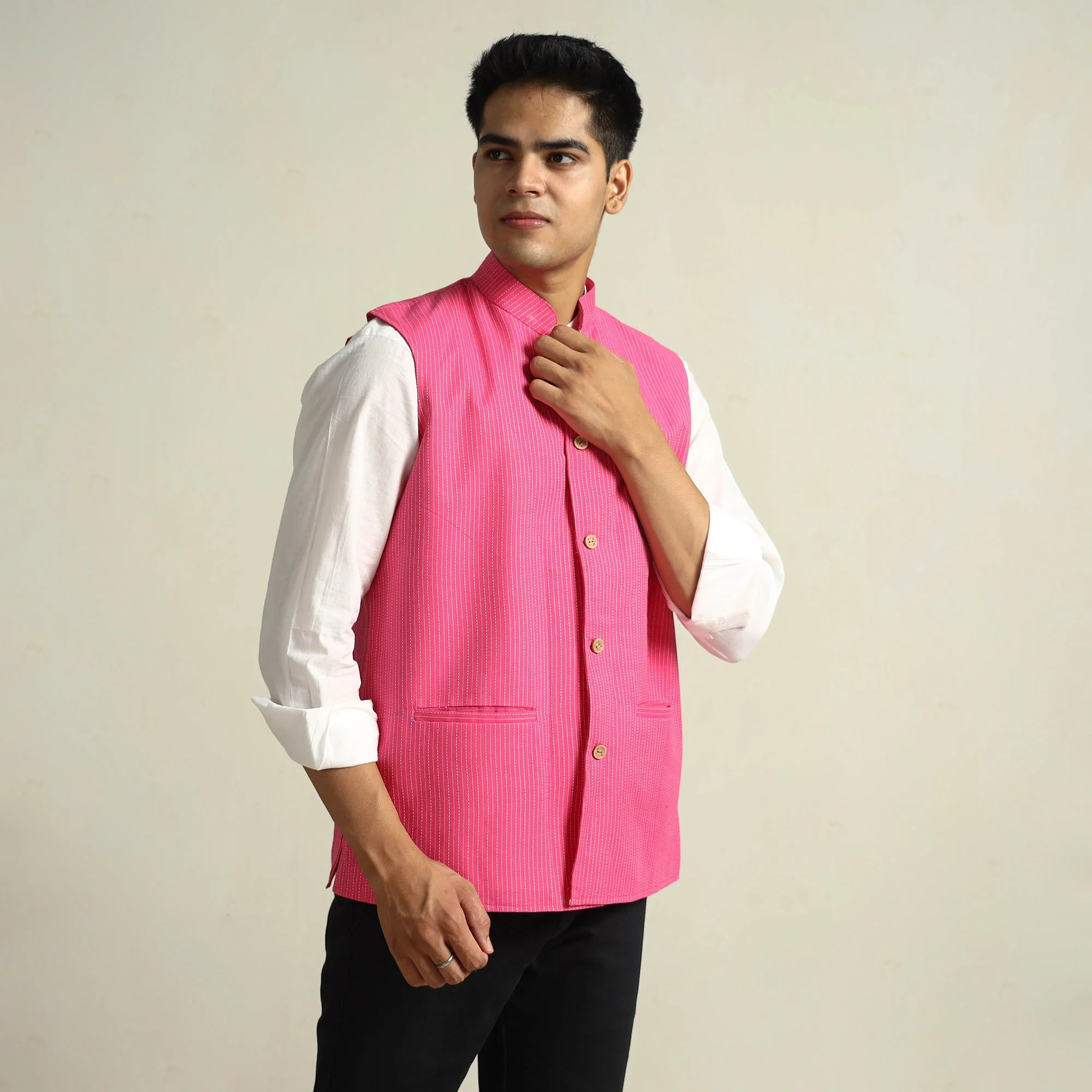 Pink - Running Stitch Pure Cotton Men Nehru Jacket 16 - Image 4