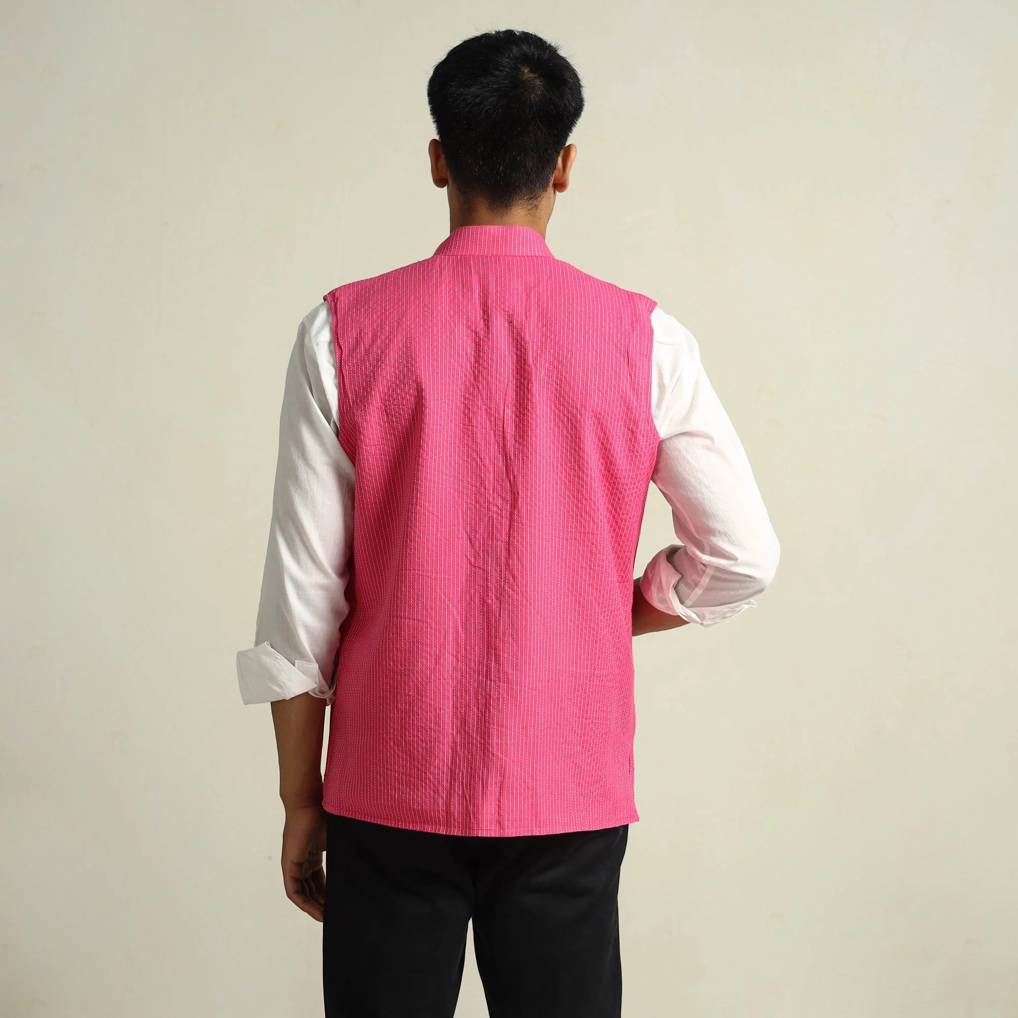 Pink - Running Stitch Pure Cotton Men Nehru Jacket 16 - Image 5