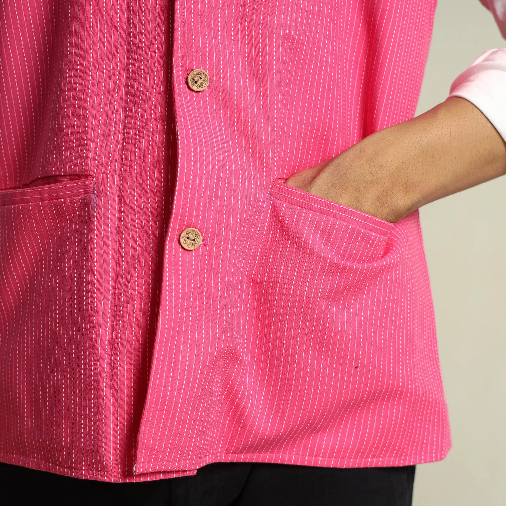 Pink - Running Stitch Pure Cotton Men Nehru Jacket 16 - Image 7
