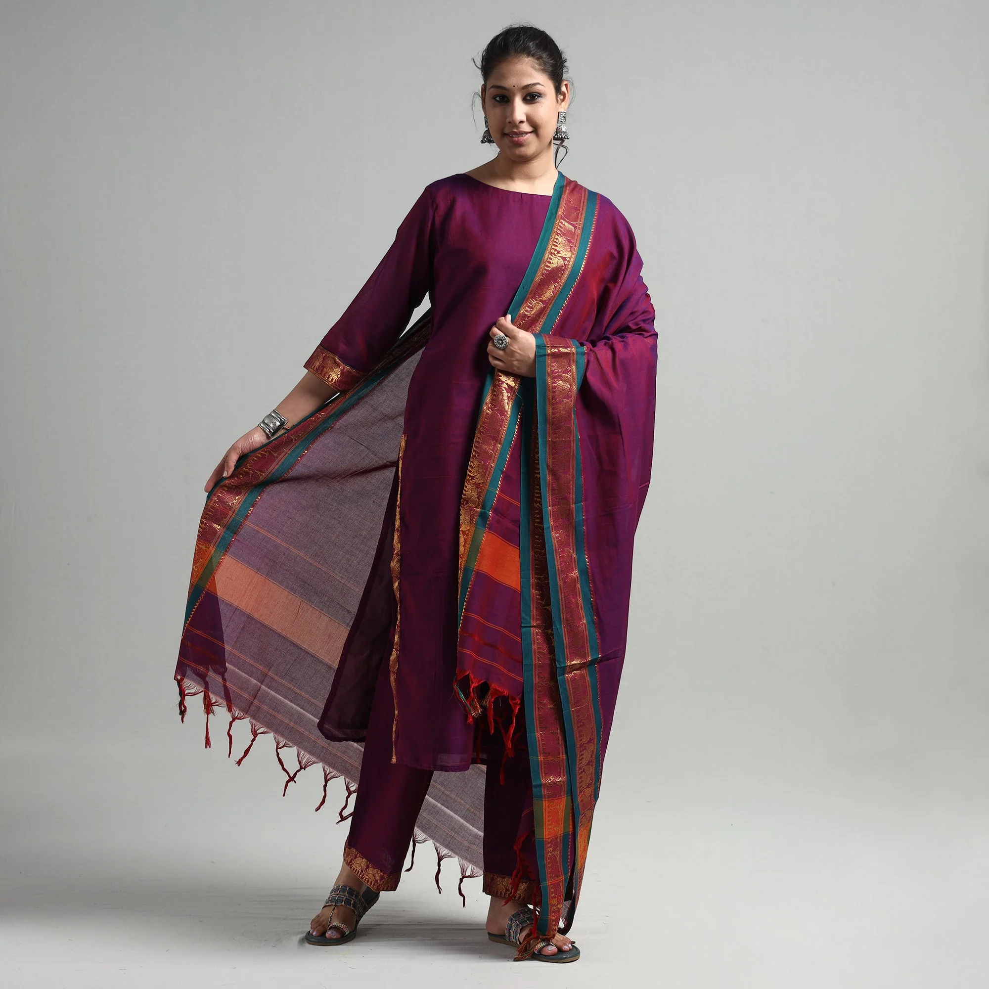 Dark Purple - Dharwad Cotton Kurta with Palazzo & Dupatta Set - Image 2