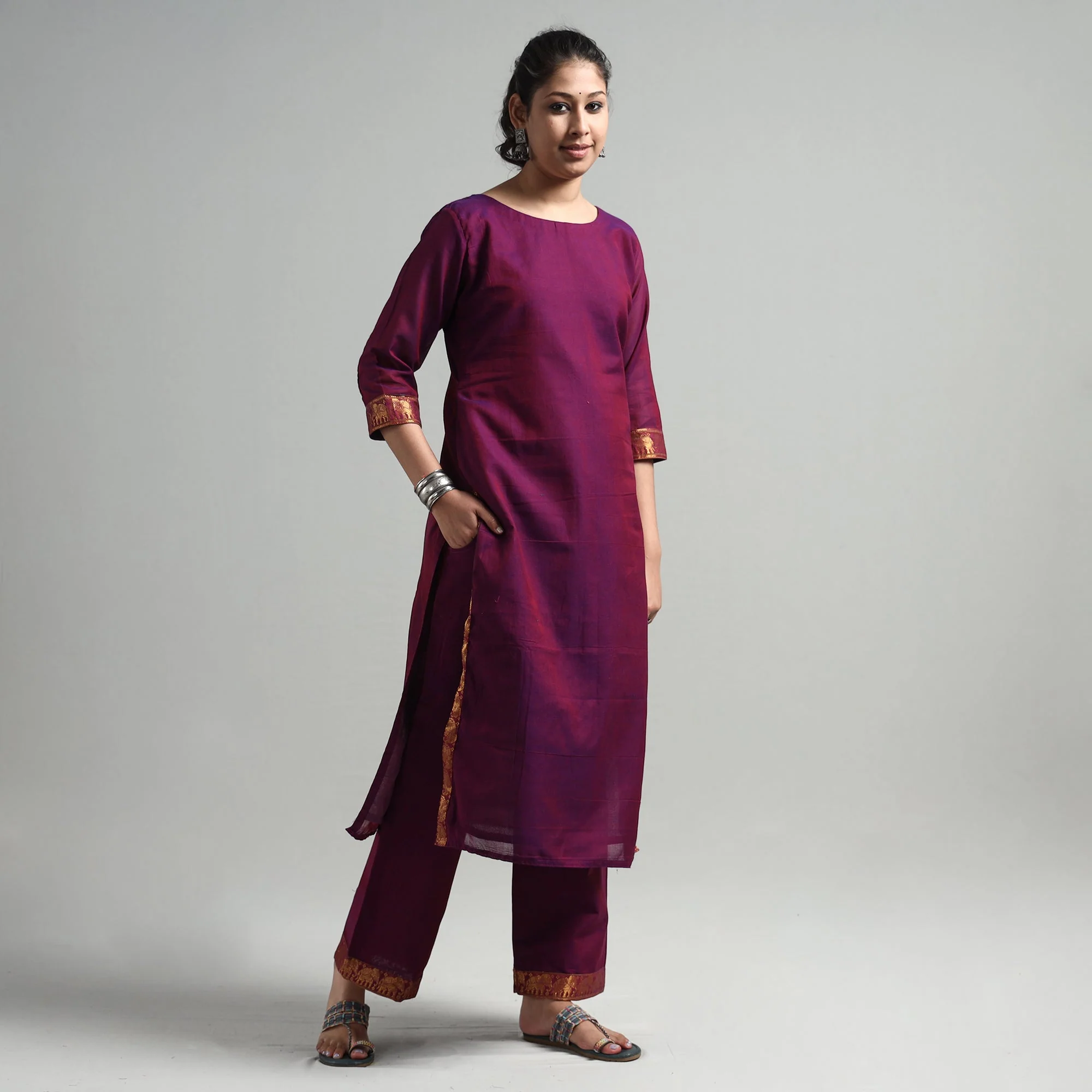 Dark Purple - Dharwad Cotton Kurta with Palazzo & Dupatta Set - Image 4