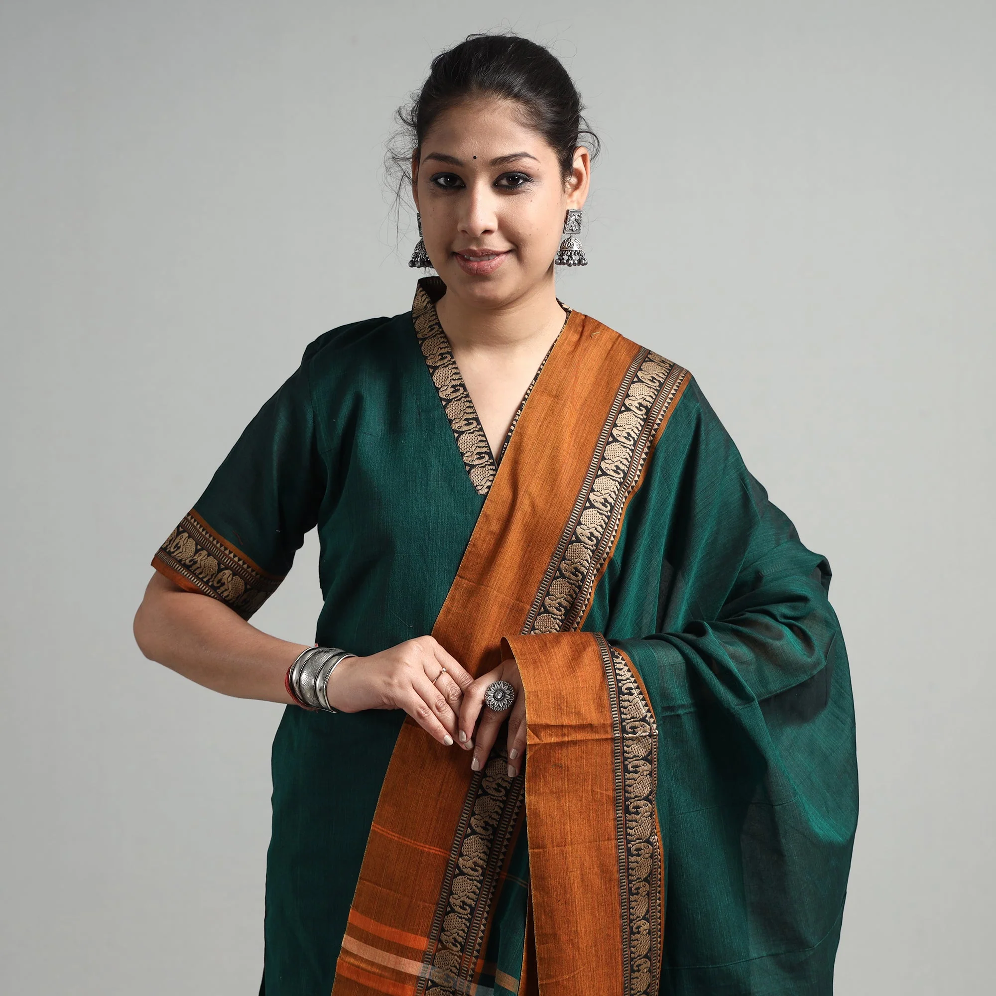 Dark Green - Dharwad Cotton Kurta with Palazzo & Dupatta Set - Image 3