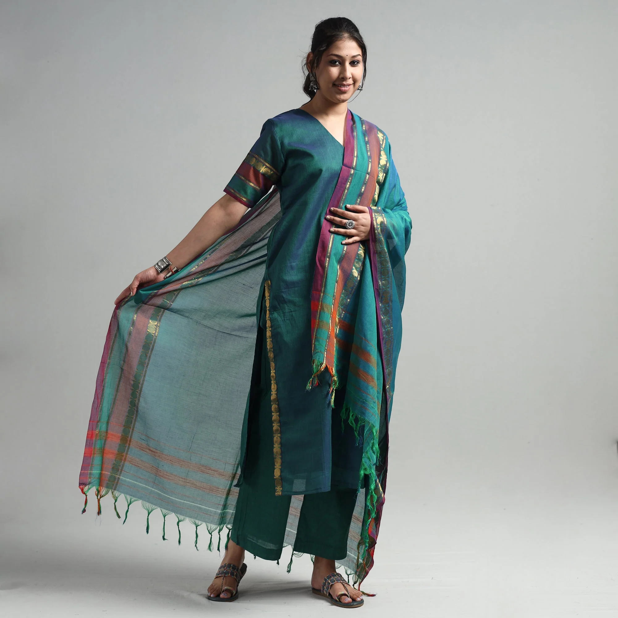 Persian Green - Dharwad Cotton Kurta with Palazzo & Dupatta Set - Image 2