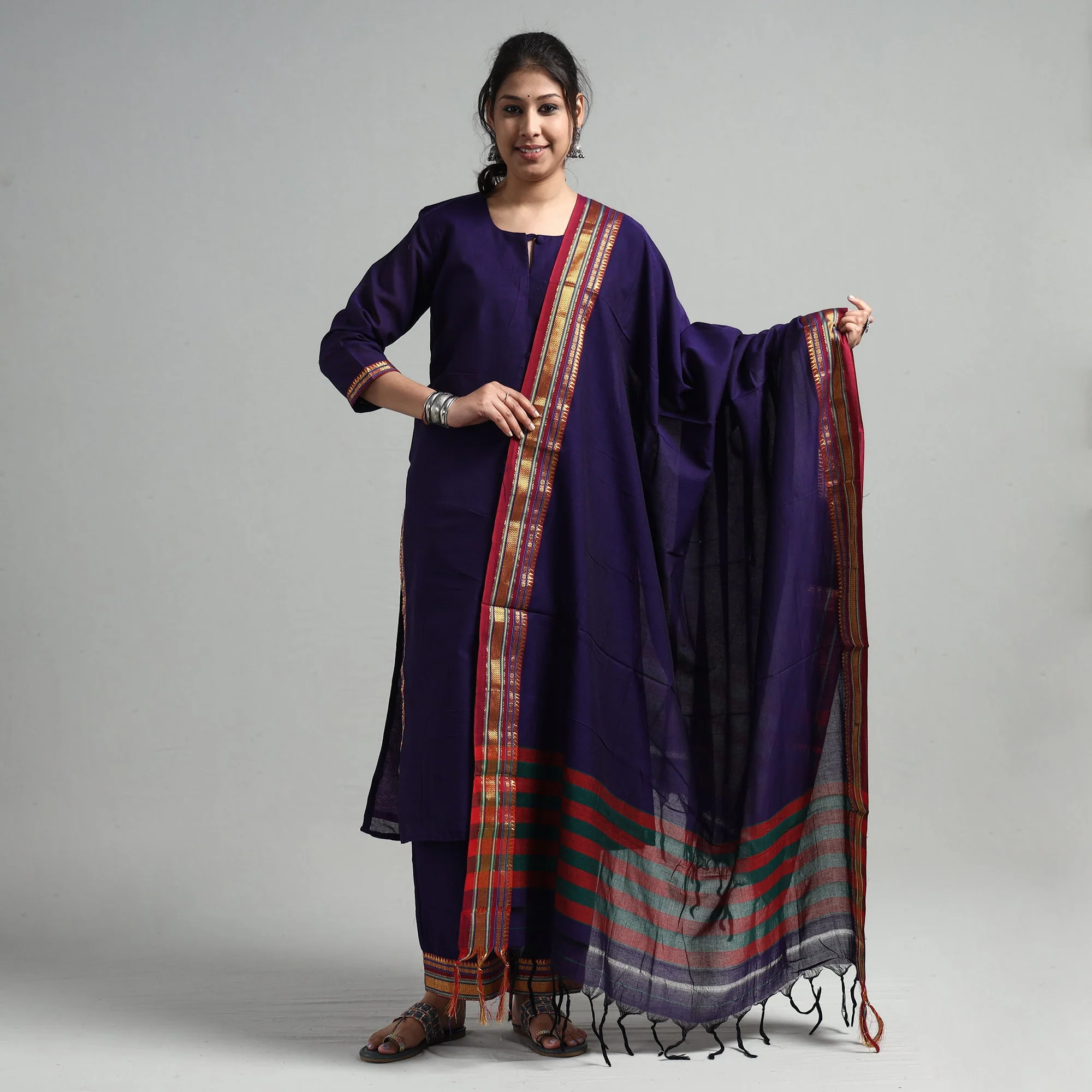 Blue - Dark Purple - Dharwad Cotton Kurta with Palazzo & Dupatta Set