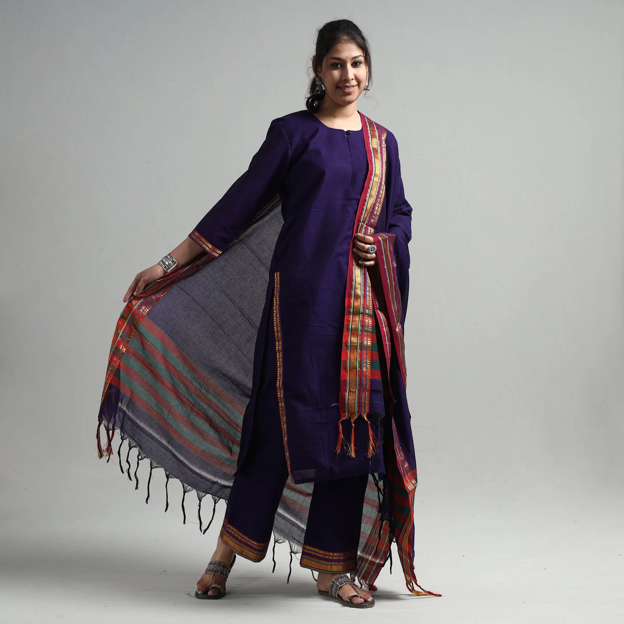 Blue - Dark Purple - Dharwad Cotton Kurta with Palazzo & Dupatta Set - Image 2