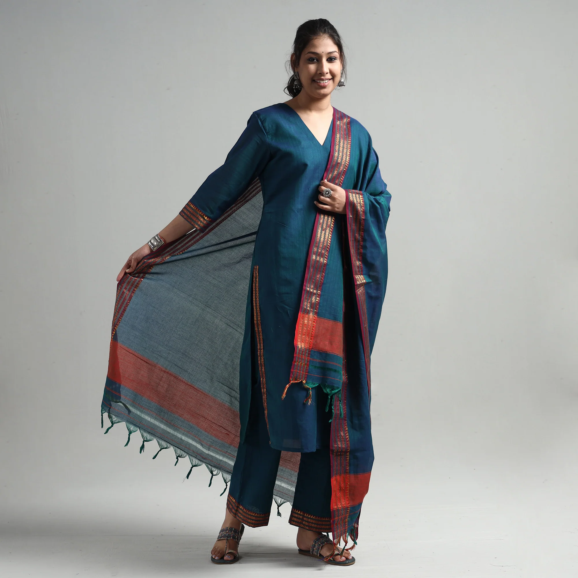 Teal Green - Dharwad Cotton Kurta with Palazzo & Dupatta Set - Image 2