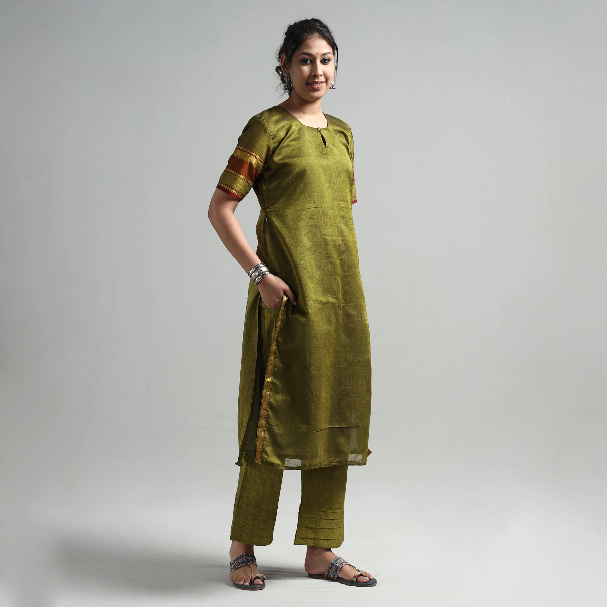 Mehendi Green - Dharwad Cotton Kurta with Palazzo & Dupatta Set - Image 4
