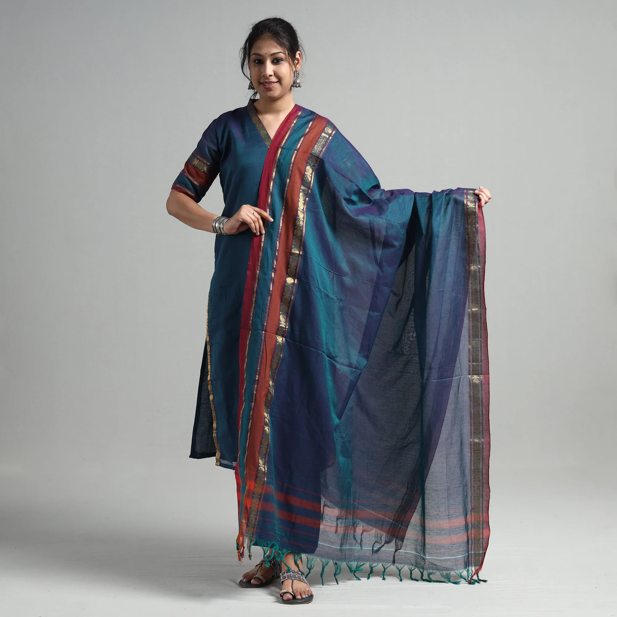 Blue - Dharwad Cotton Kurta with Palazzo & Dupatta Set