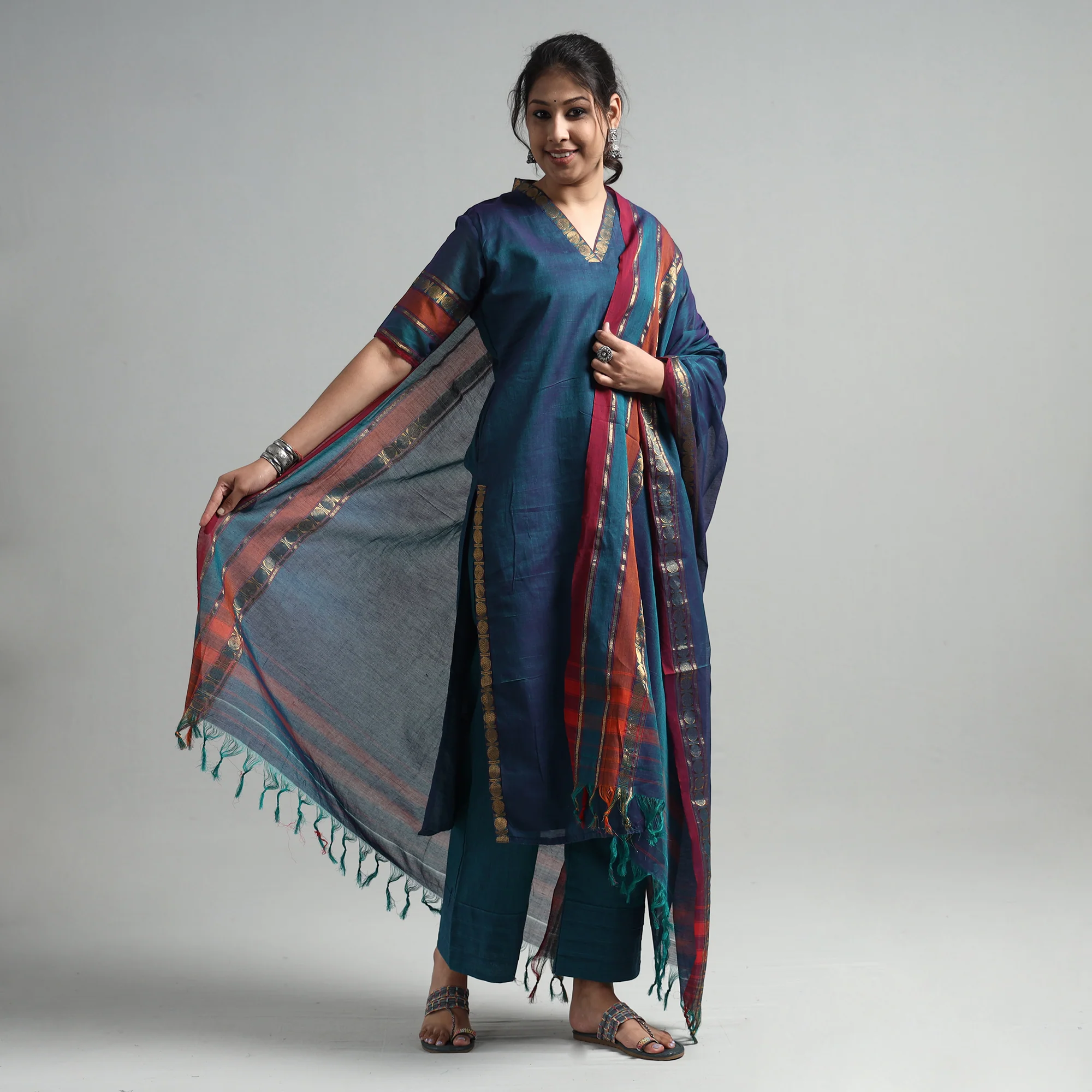 Blue - Dharwad Cotton Kurta with Palazzo & Dupatta Set - Image 2