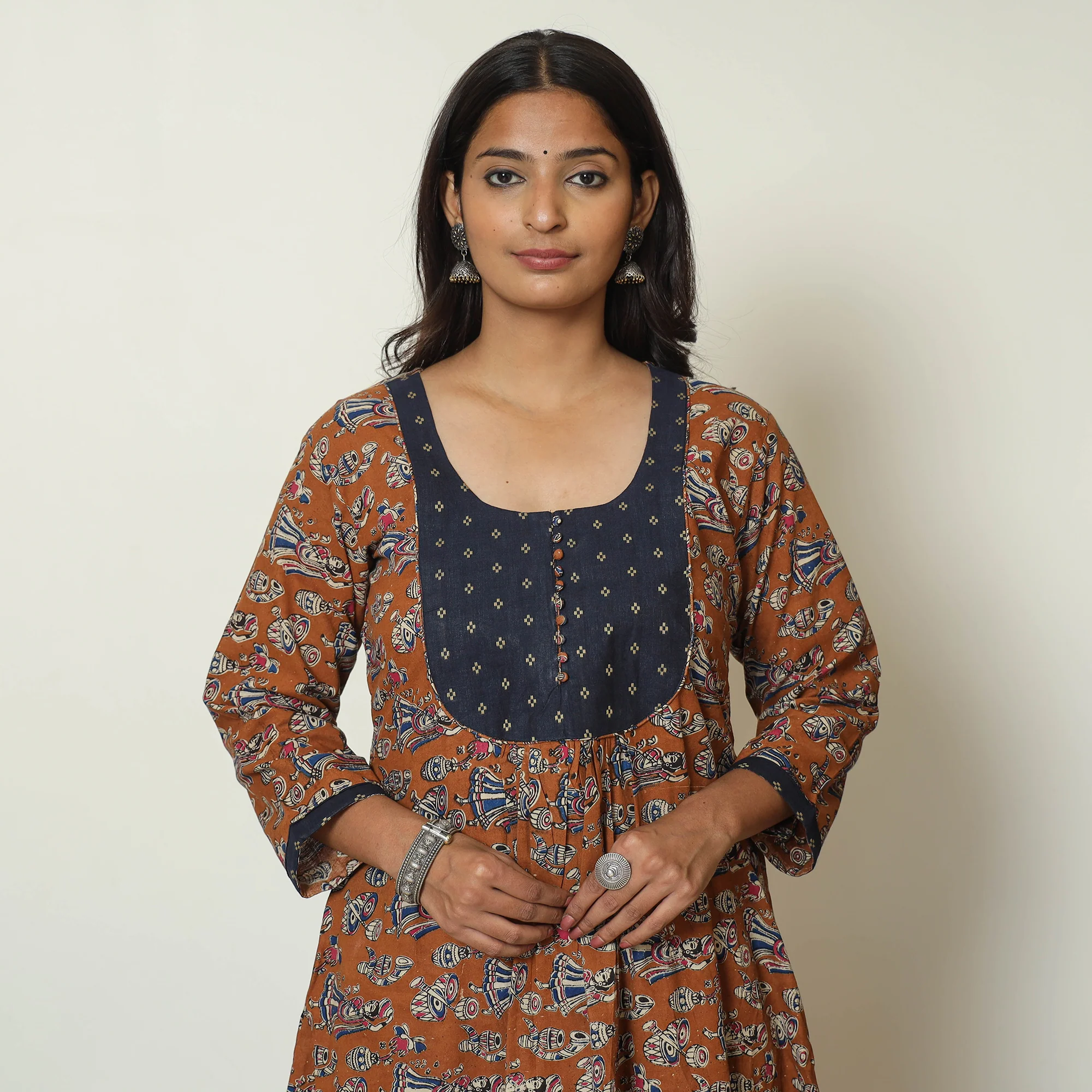 Brown - Kalamkari Printed Cotton A-Line Long Kurta with Patchwork 67