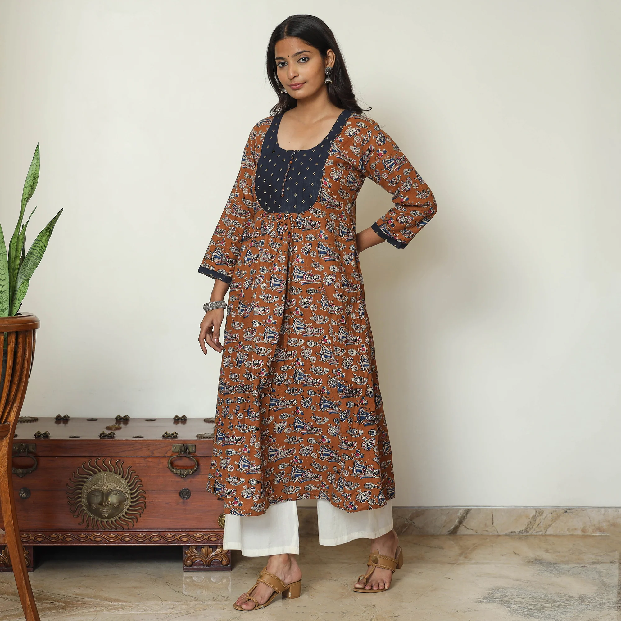 Brown - Kalamkari Printed Cotton A-Line Long Kurta with Patchwork 67 - Image 3