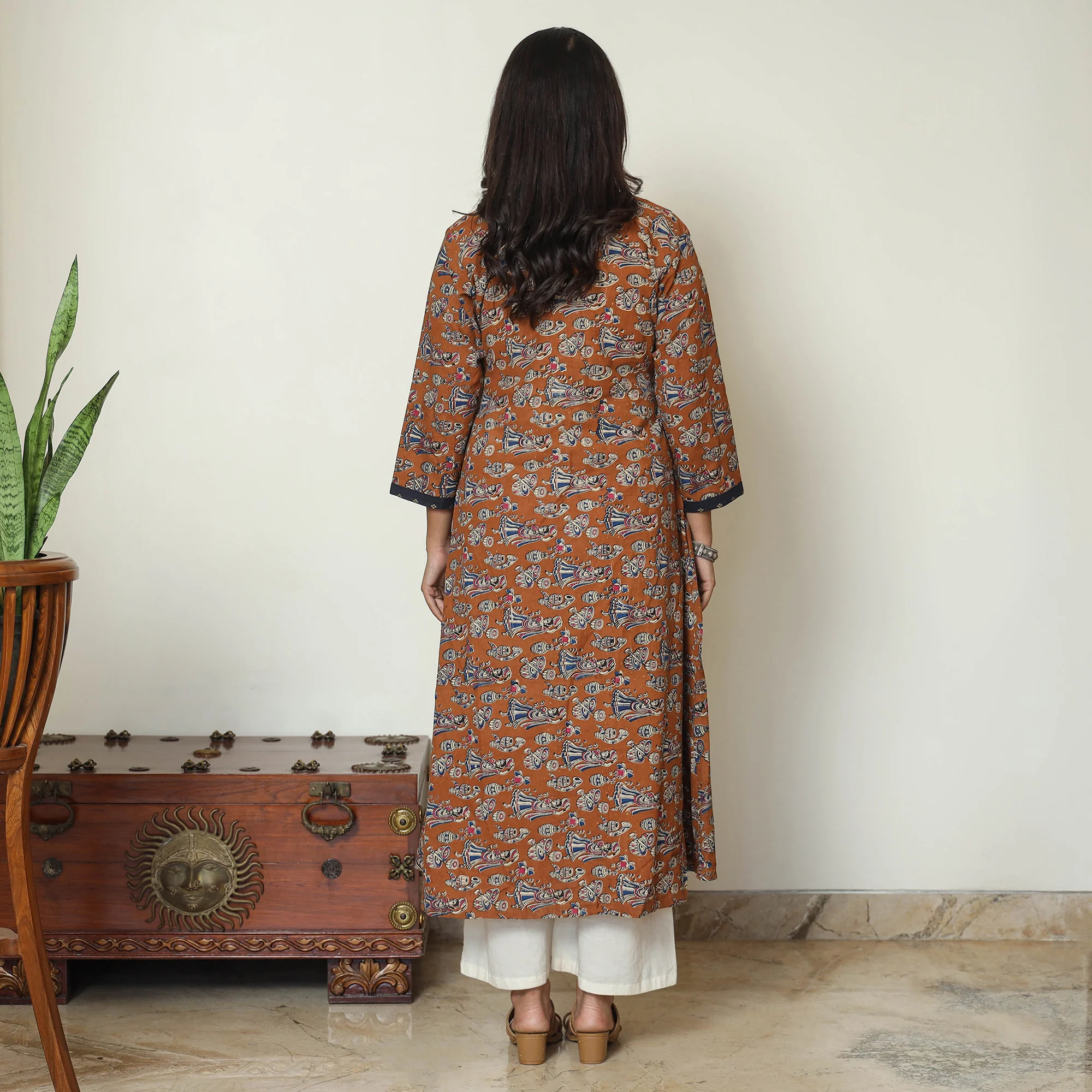 Brown - Kalamkari Printed Cotton A-Line Long Kurta with Patchwork 67 - Image 4