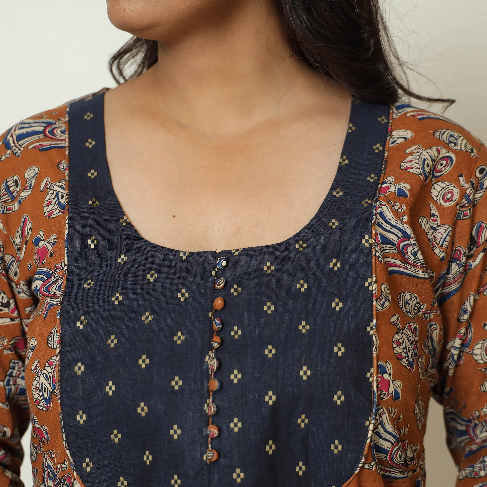 Brown - Kalamkari Printed Cotton A-Line Long Kurta with Patchwork 67 - Image 5