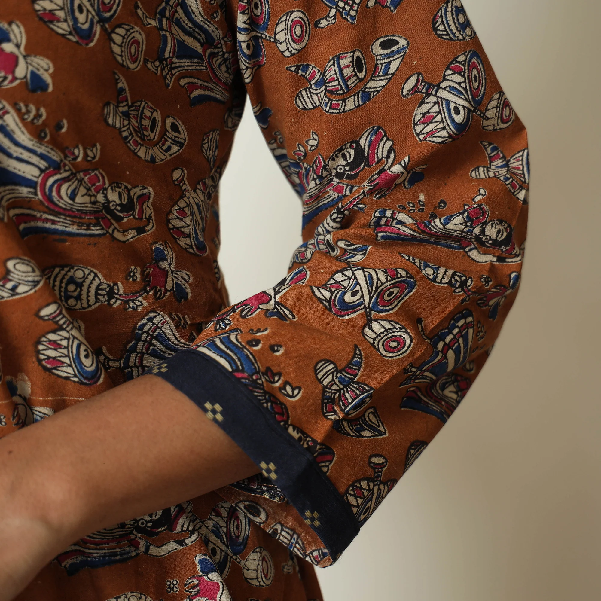 Brown - Kalamkari Printed Cotton A-Line Long Kurta with Patchwork 67 - Image 6