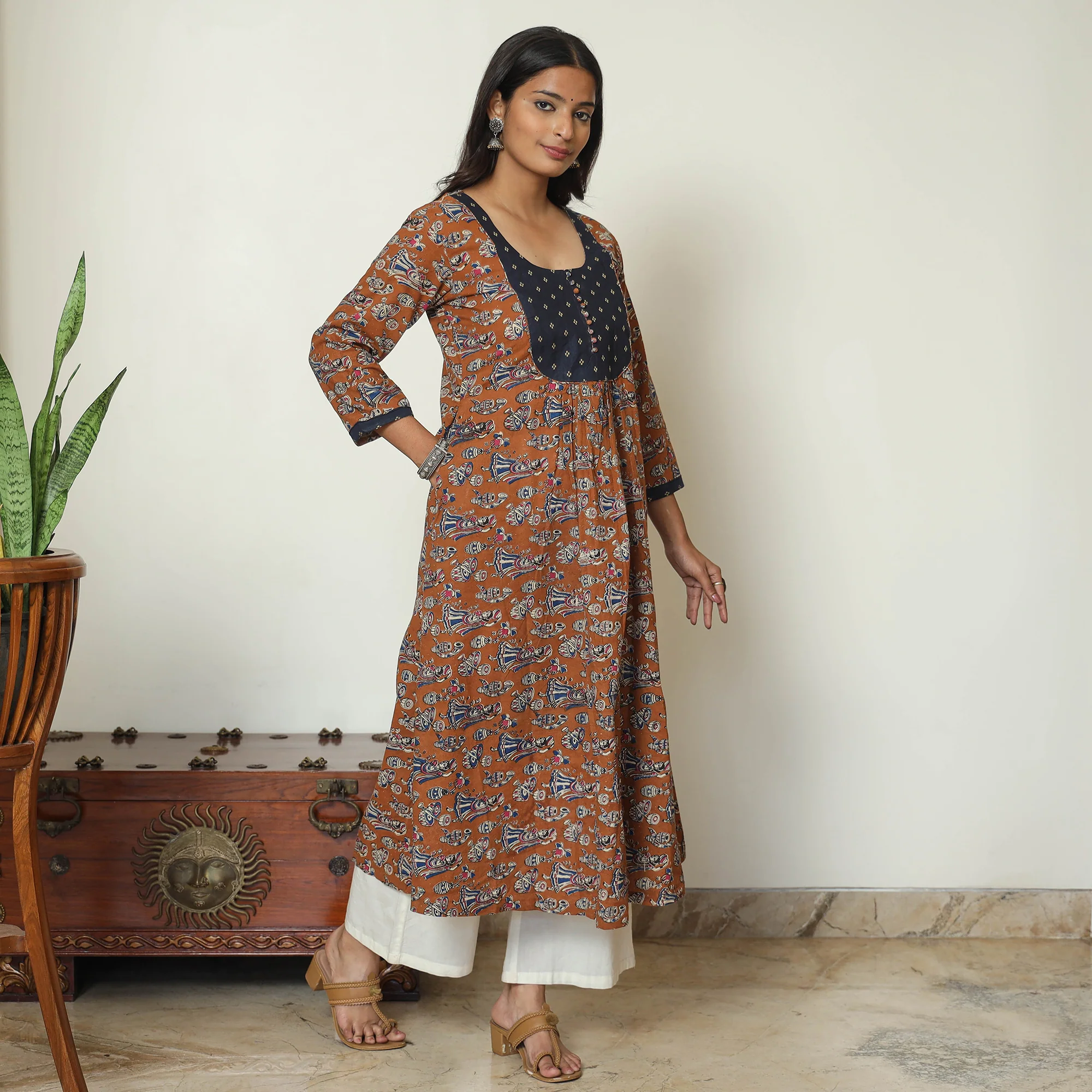 Brown - Kalamkari Printed Cotton A-Line Long Kurta with Patchwork 67 - Image 7