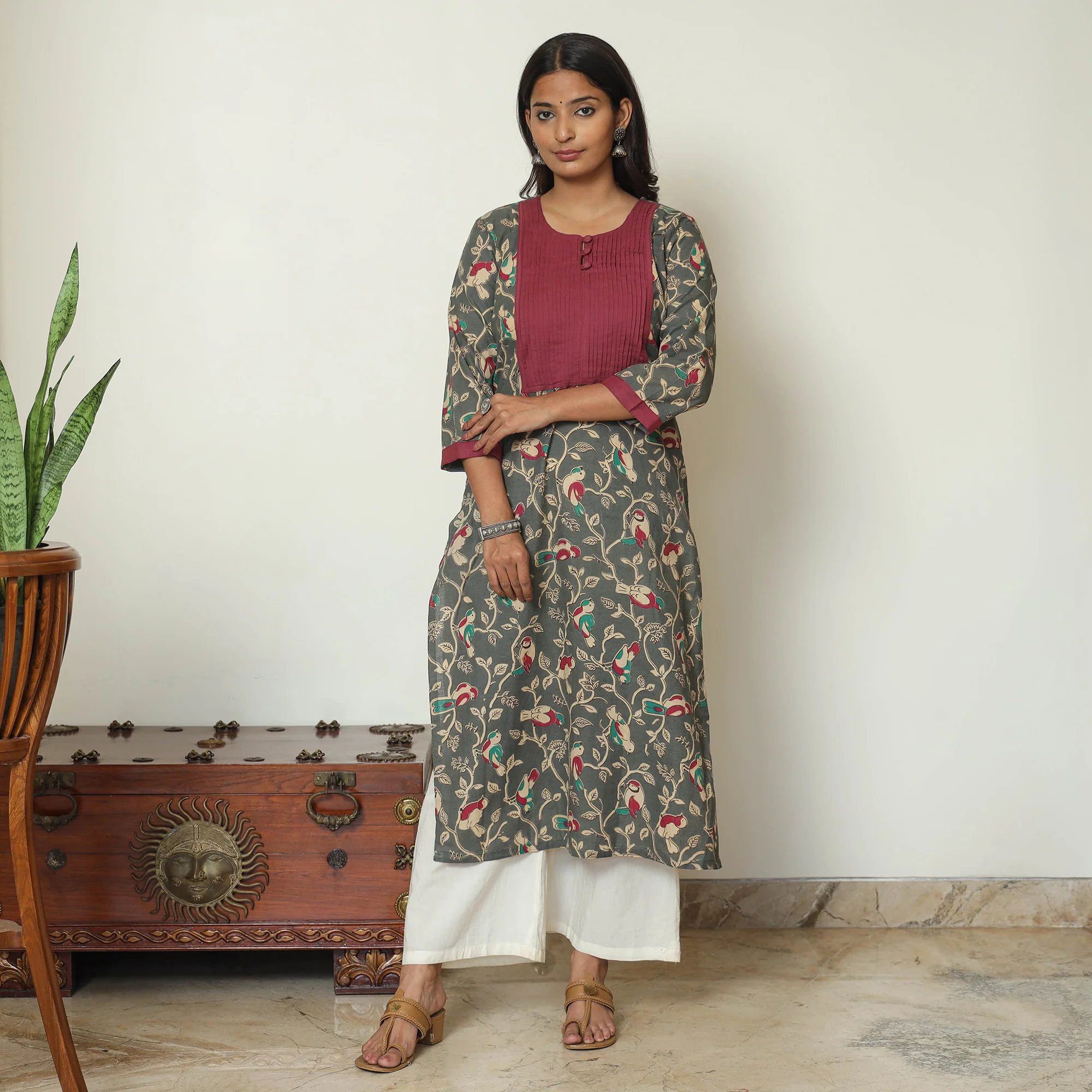 Grey - Kalamkari Printed Cotton Pintuck Long Straight Kurta 66